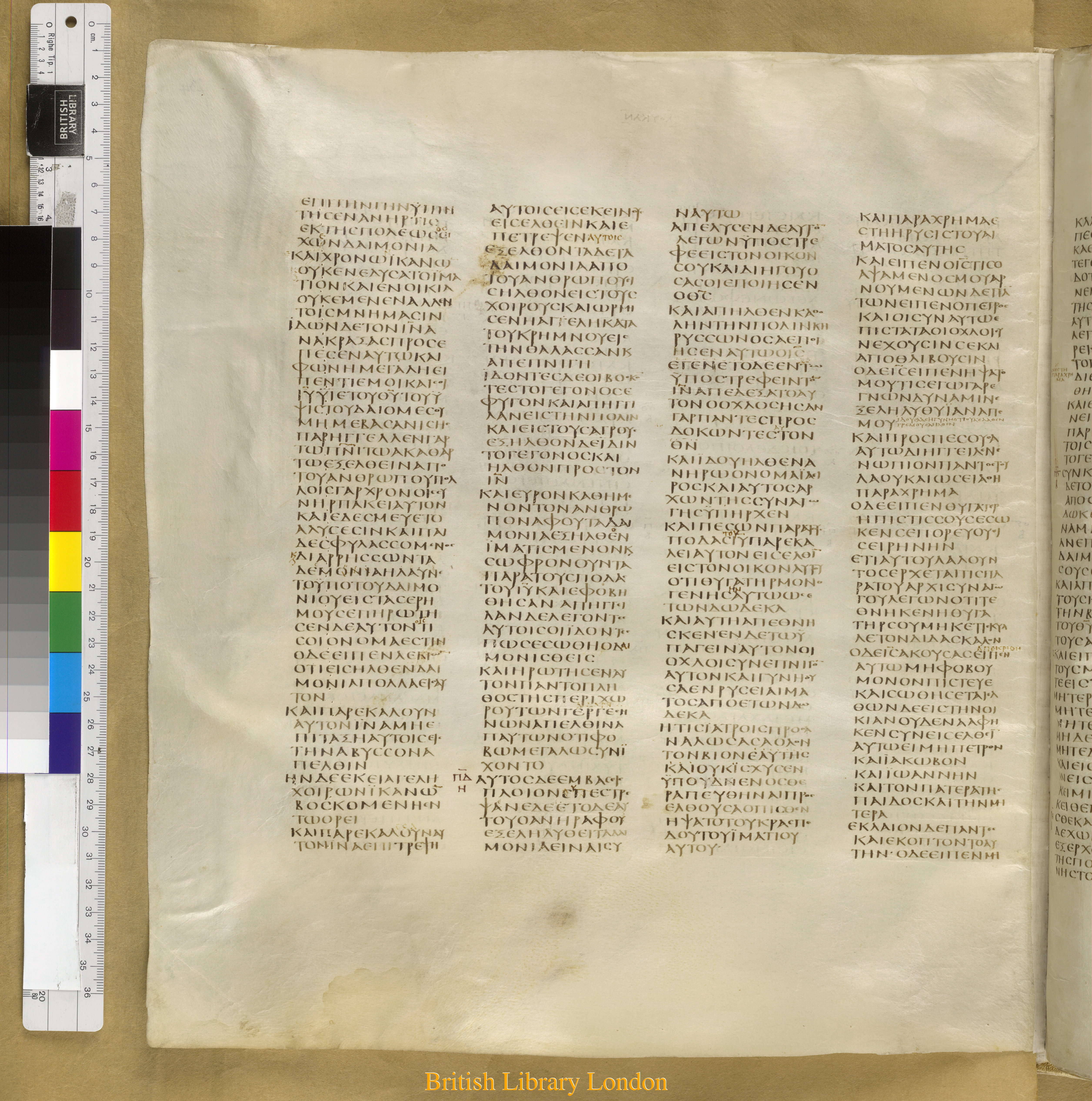 Codex Sinaiticus showing Luke 8:49 from Mid-4th Century found in Saint Catherine's Monastery, Sinai Peninsula, Egypt, currently housed at British Library, London