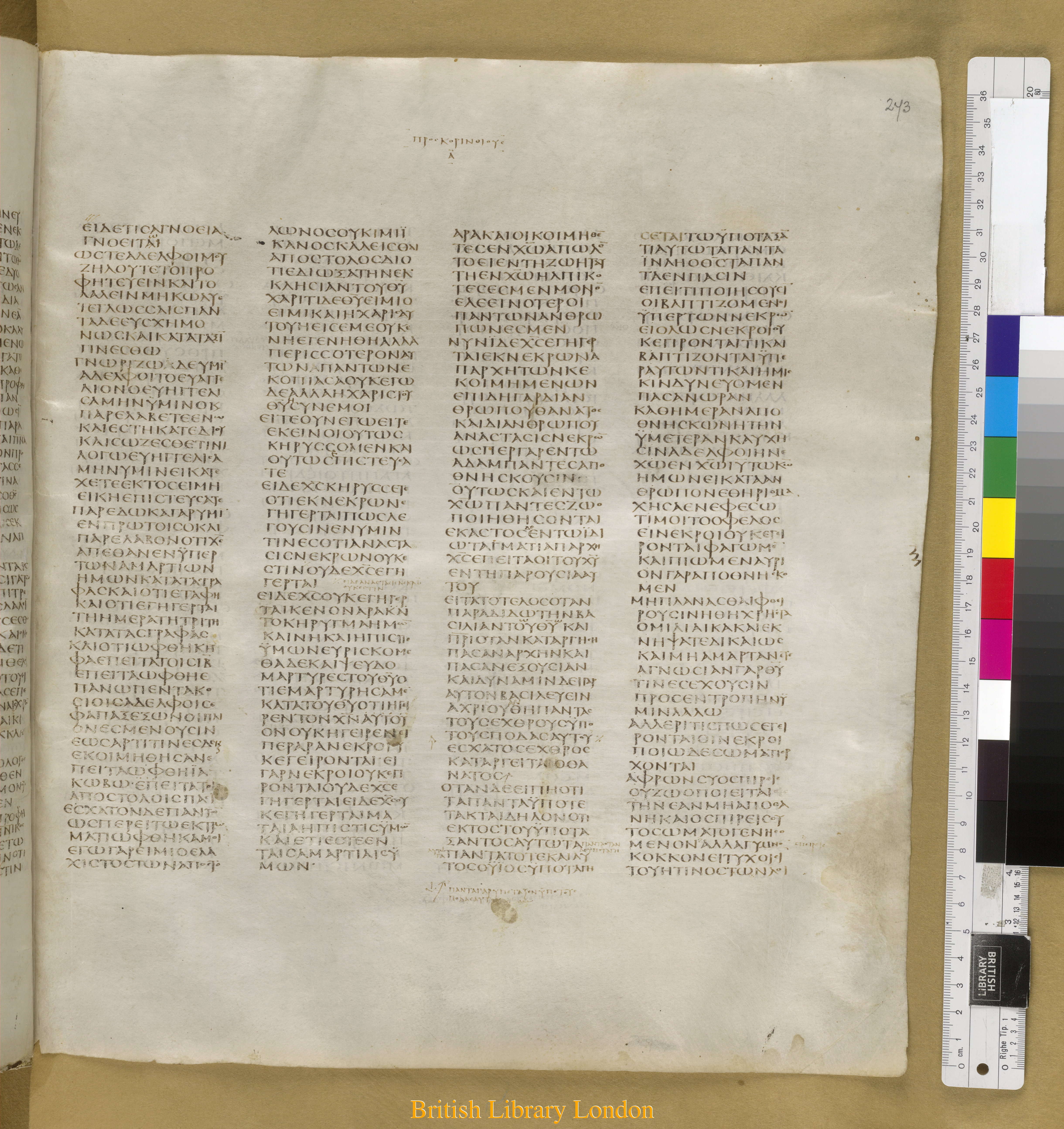 Codex Sinaiticus showing 1 Corinthians 15:21 from Mid-4th Century found in Saint Catherine's Monastery, Sinai Peninsula, Egypt, currently housed at British Library, London