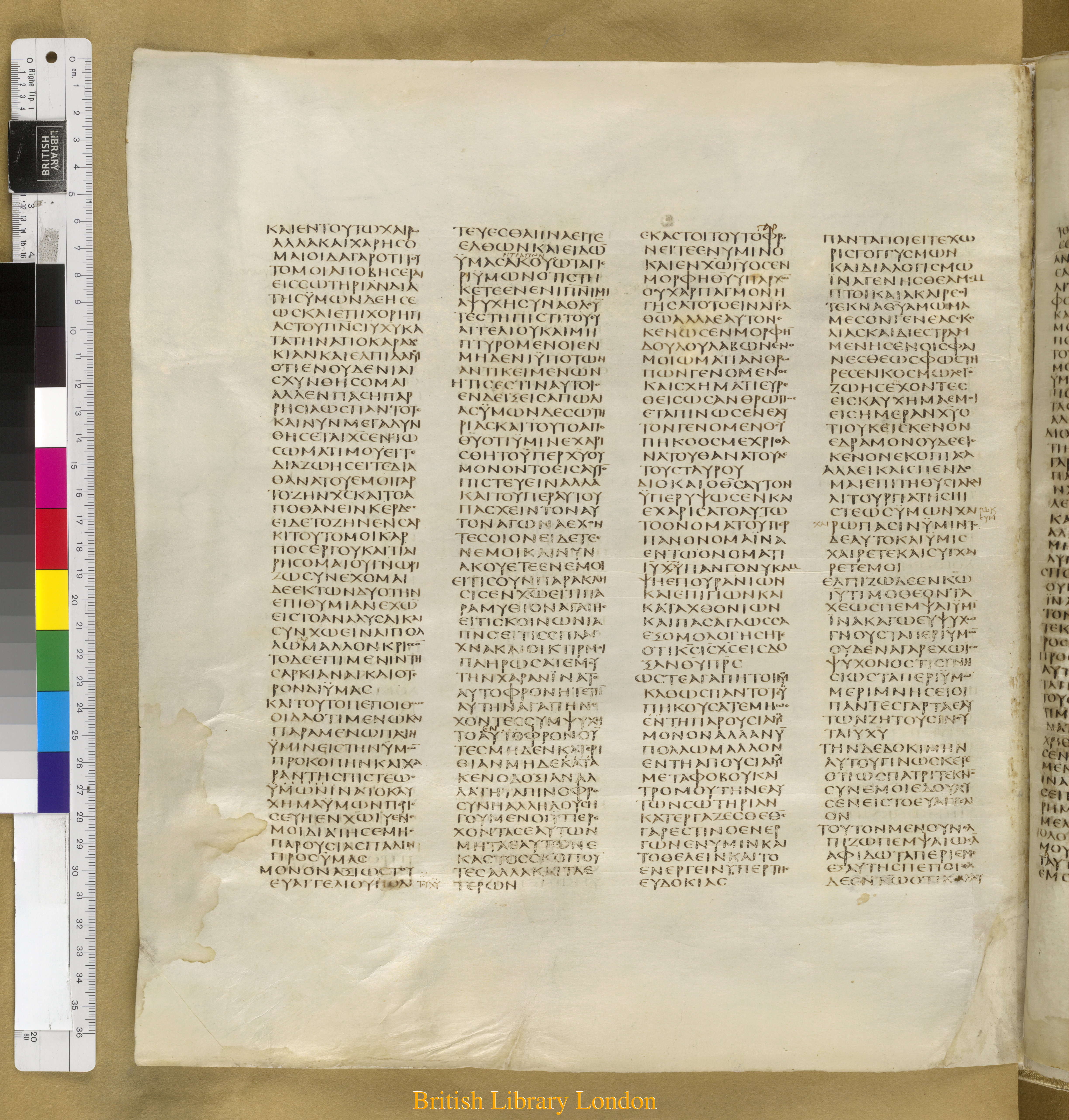 Codex Sinaiticus showing Philippians 2:21 from Mid-4th Century found in Saint Catherine's Monastery, Sinai Peninsula, Egypt, currently housed at British Library, London