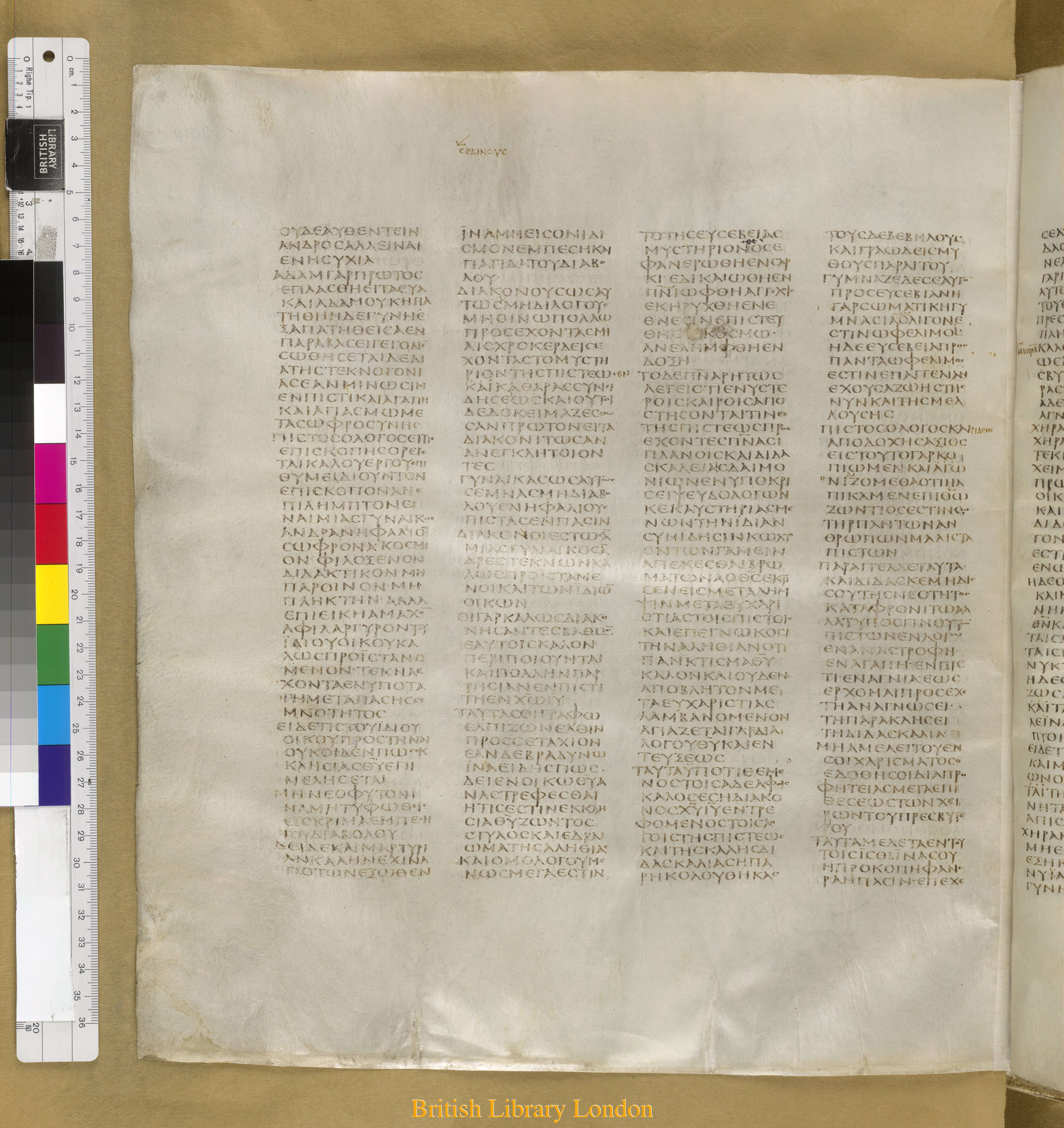 Codex Sinaiticus showing 1 Timothy 2:13 from Mid-4th Century found in Saint Catherine's Monastery, Sinai Peninsula, Egypt, currently housed at British Library, London