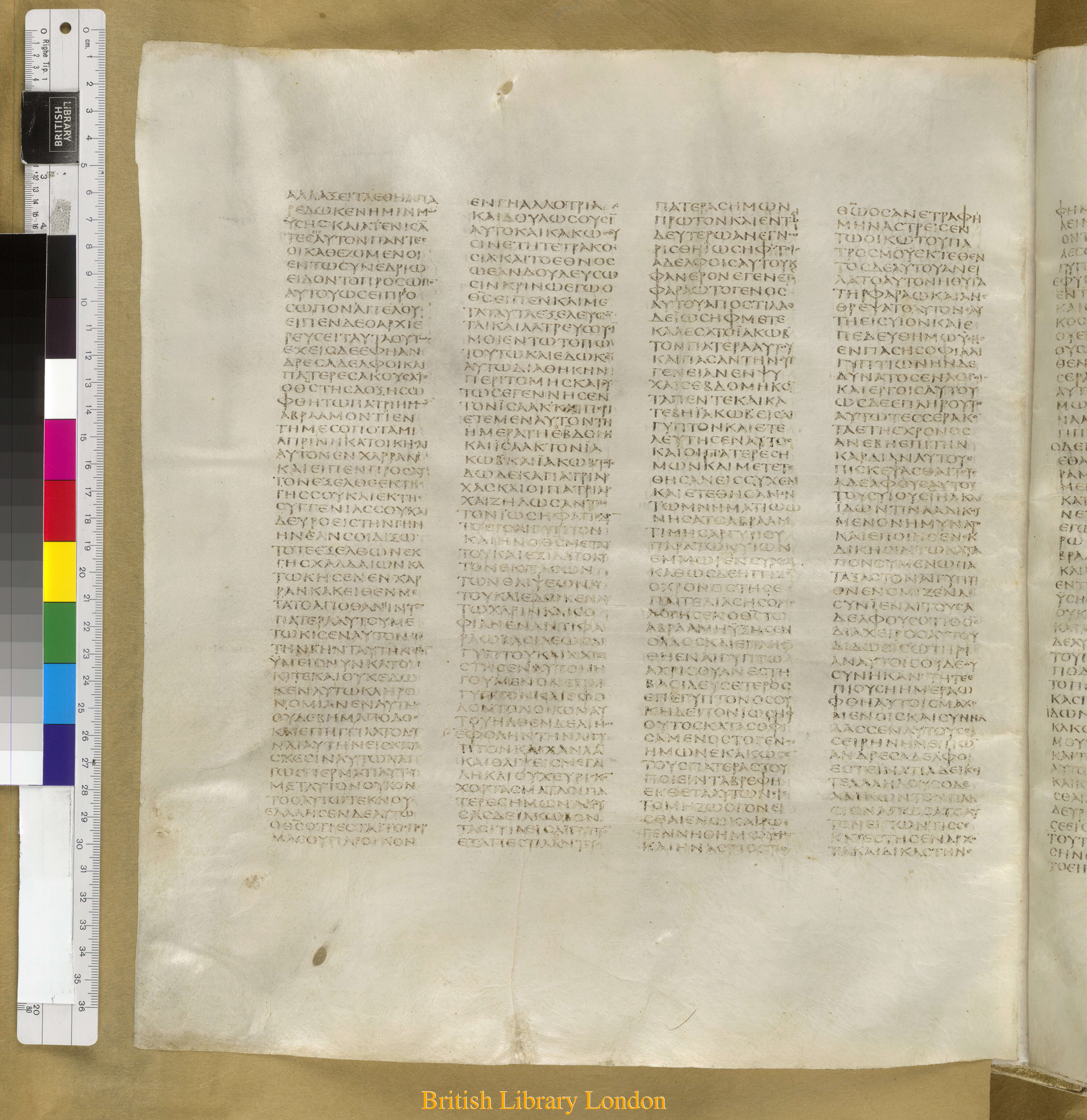 Codex Sinaiticus showing Acts 7:21 from Mid-4th Century found in Saint Catherine's Monastery, Sinai Peninsula, Egypt, currently housed at British Library, London