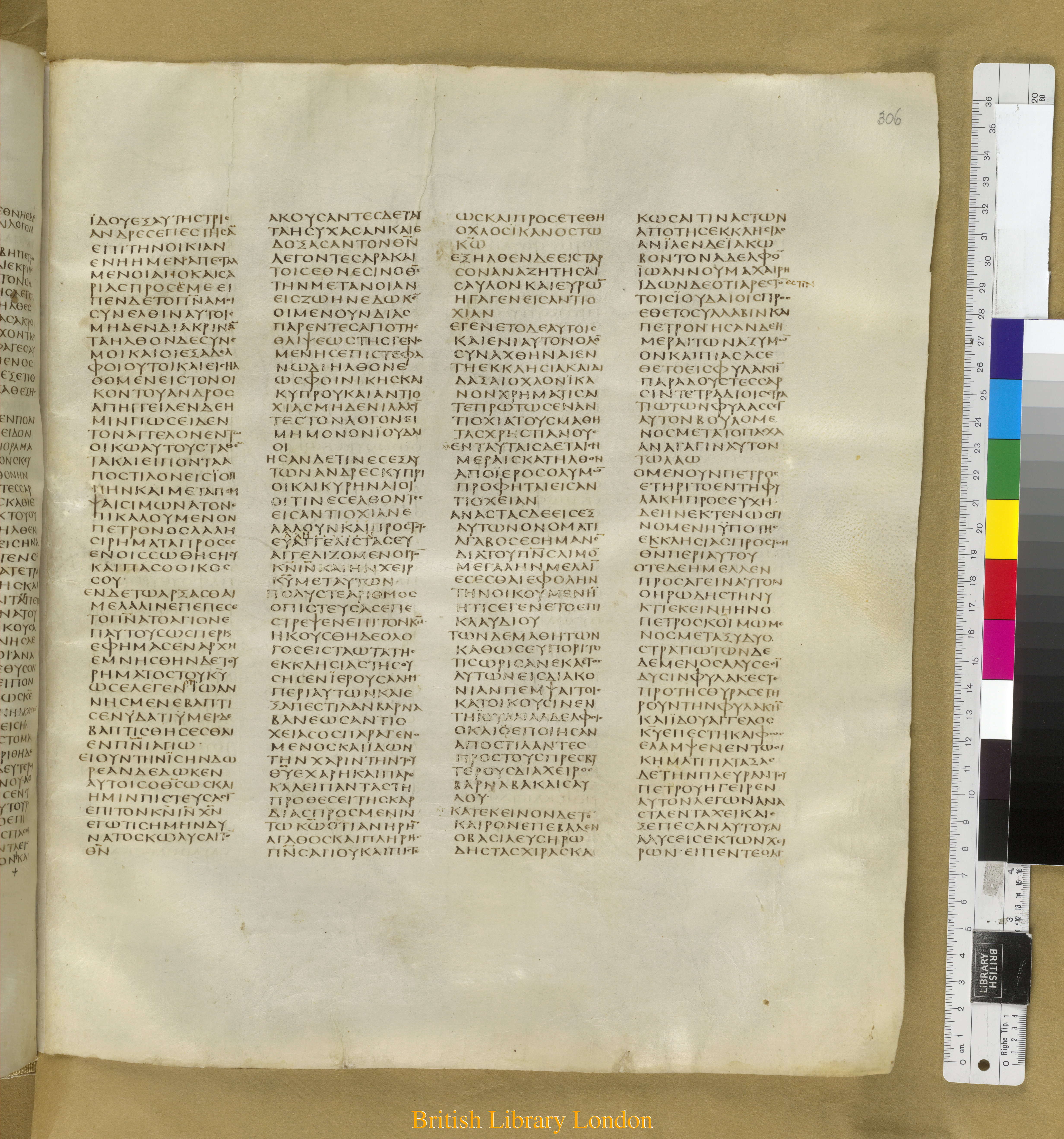 Codex Sinaiticus showing Acts 11:21 from Mid-4th Century found in Saint Catherine's Monastery, Sinai Peninsula, Egypt, currently housed at British Library, London
