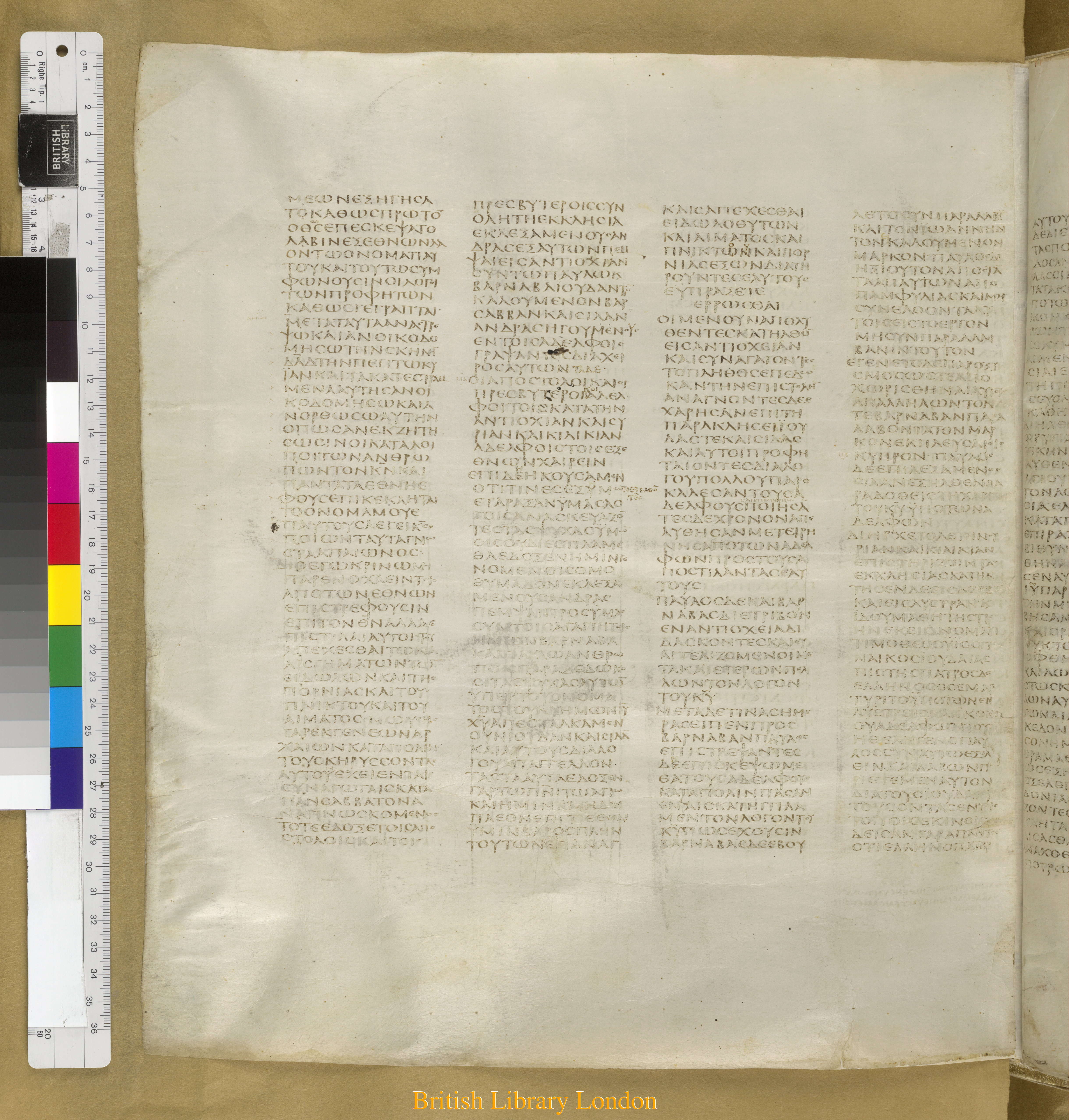 Codex Sinaiticus showing Acts 15:39 from Mid-4th Century found in Saint Catherine's Monastery, Sinai Peninsula, Egypt, currently housed at British Library, London