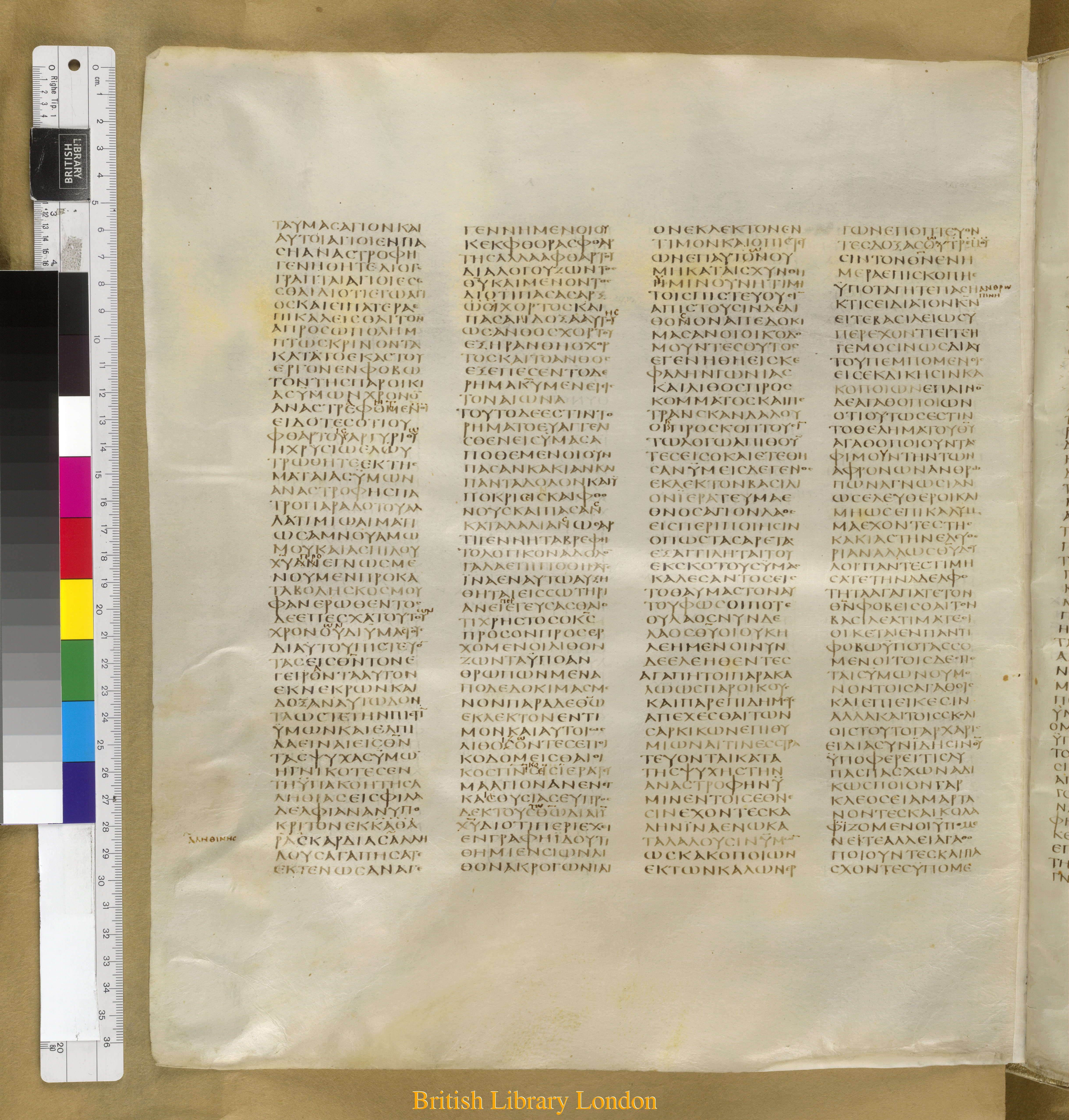 Codex Sinaiticus showing 1 Peter 2:13 from Mid-4th Century found in Saint Catherine's Monastery, Sinai Peninsula, Egypt, currently housed at British Library, London