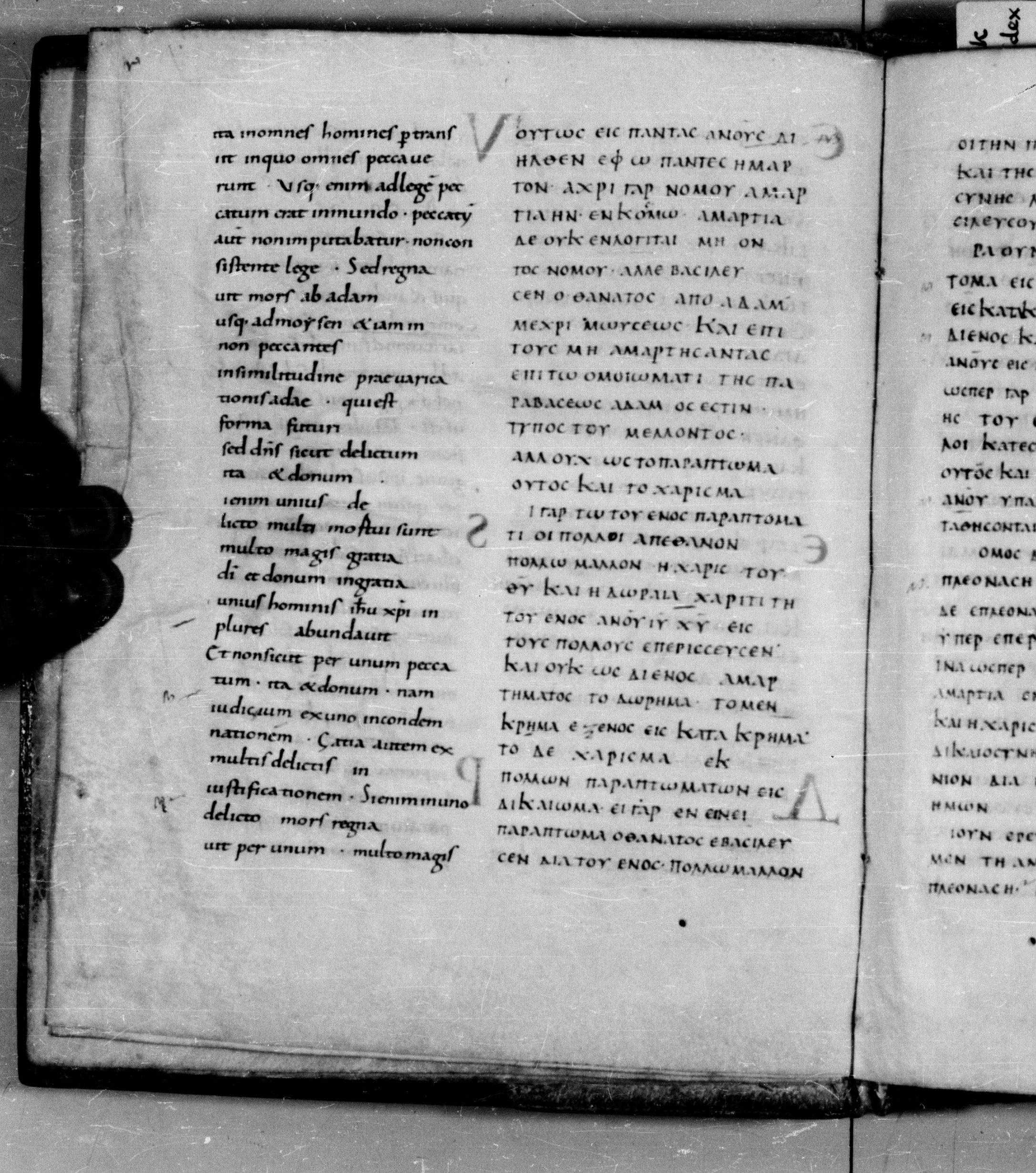 Codex Augiensis showing Romans 5:16 from 9th Century found in Reichenau Abbey, Lake Constance, currently housed at Trinity College, Cambridge