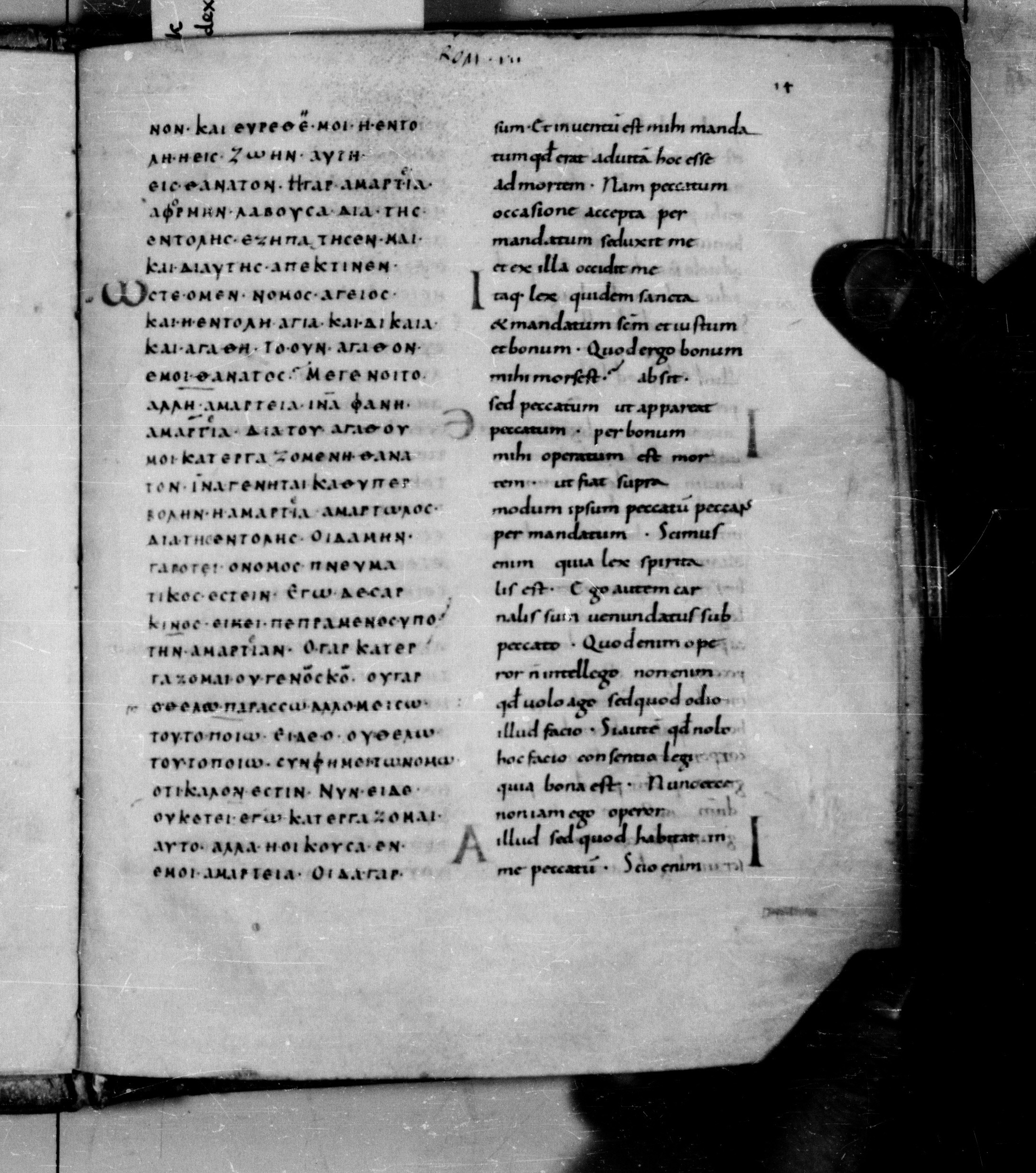 Codex Augiensis showing Romans 7:13 from 9th Century found in Reichenau Abbey, Lake Constance, currently housed at Trinity College, Cambridge
