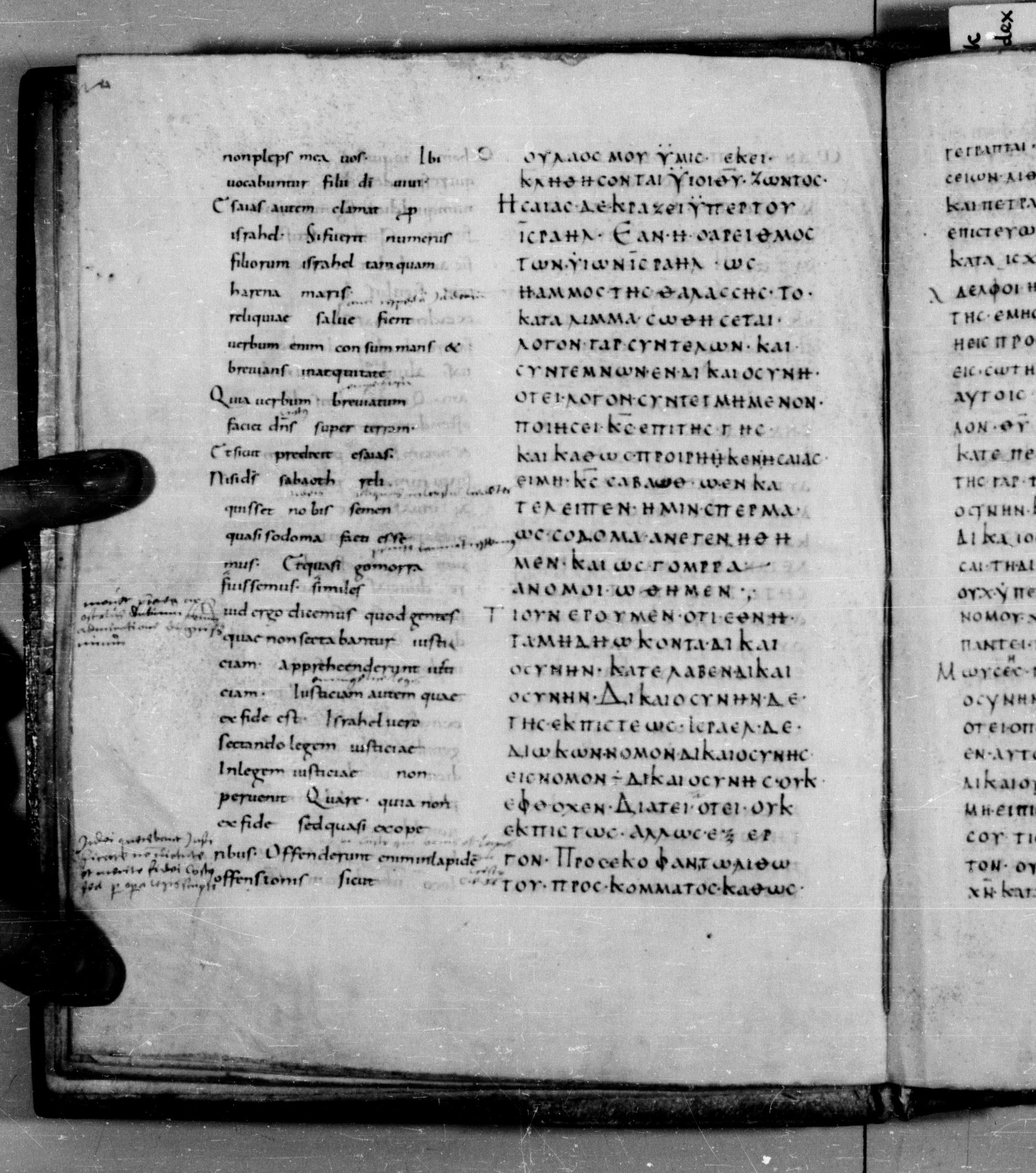 Codex Augiensis (Scan 1) showing Romans 9:32 from 9th Century found in Reichenau Abbey, Lake Constance, currently housed at Trinity College, Cambridge