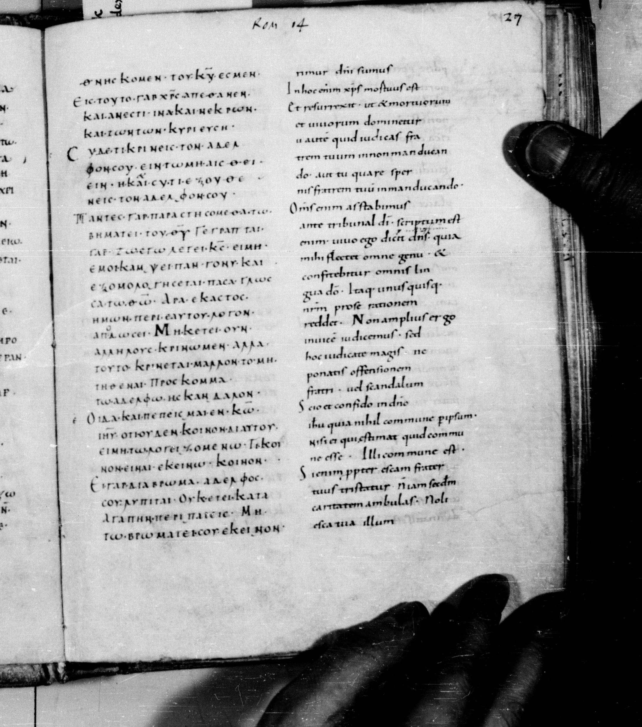 Codex Augiensis showing Romans 14:13 from 9th Century found in Reichenau Abbey, Lake Constance, currently housed at Trinity College, Cambridge