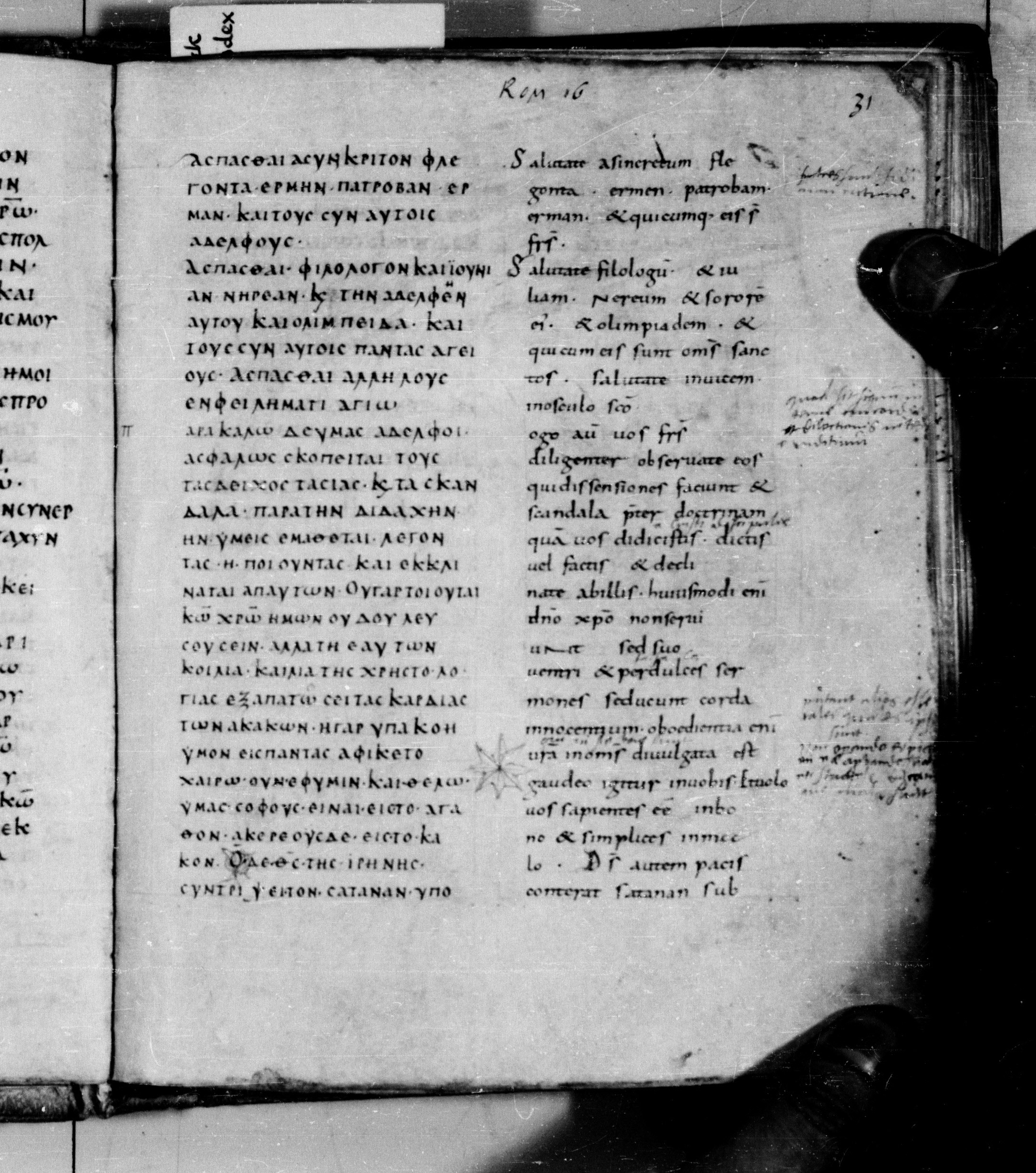Codex Augiensis (Scan 2) showing Romans 16:13 from 9th Century found in Reichenau Abbey, Lake Constance, currently housed at Trinity College, Cambridge