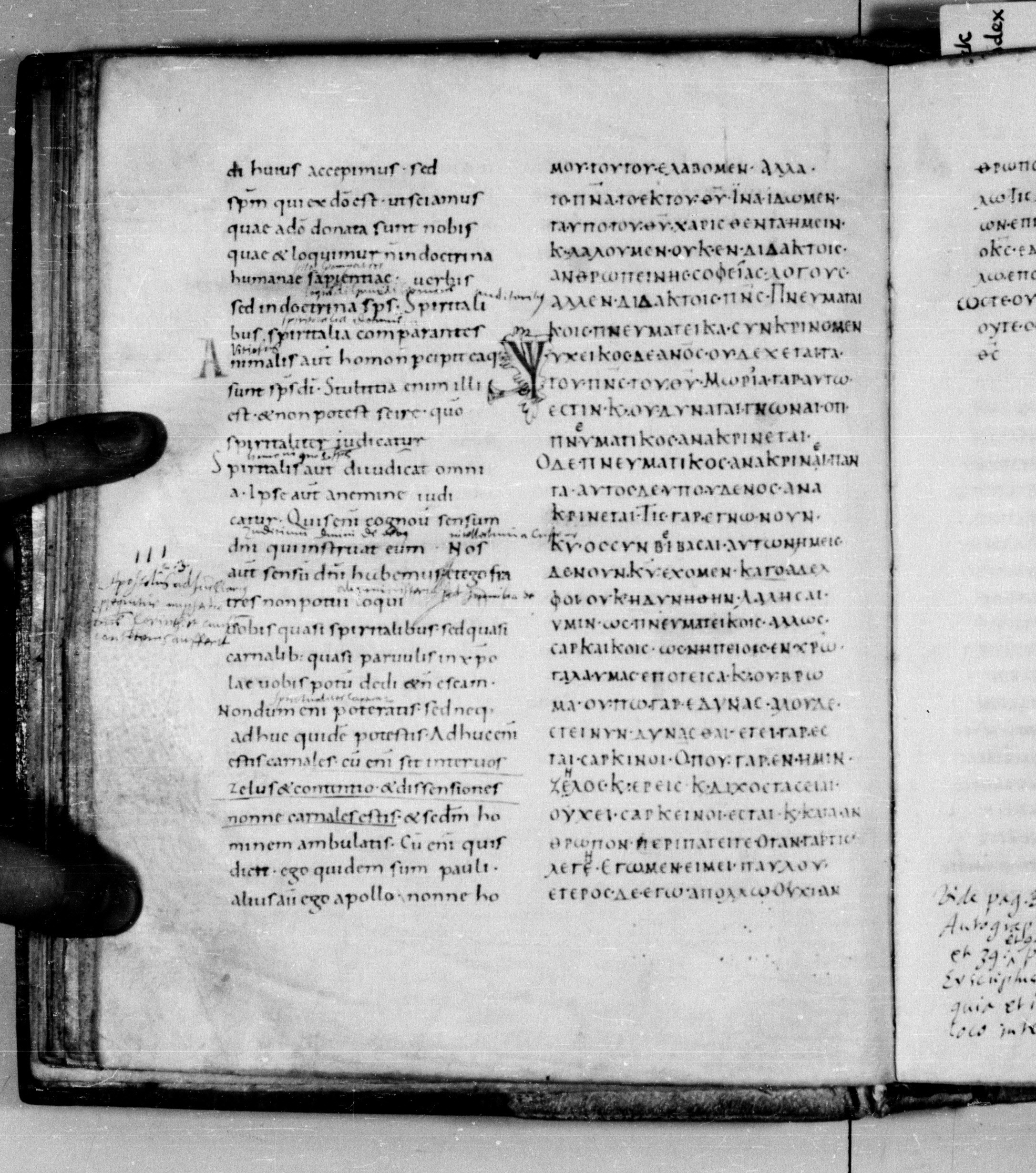 Codex Augiensis showing 1 Corinthians 2:13 from 9th Century found in Reichenau Abbey, Lake Constance, currently housed at Trinity College, Cambridge