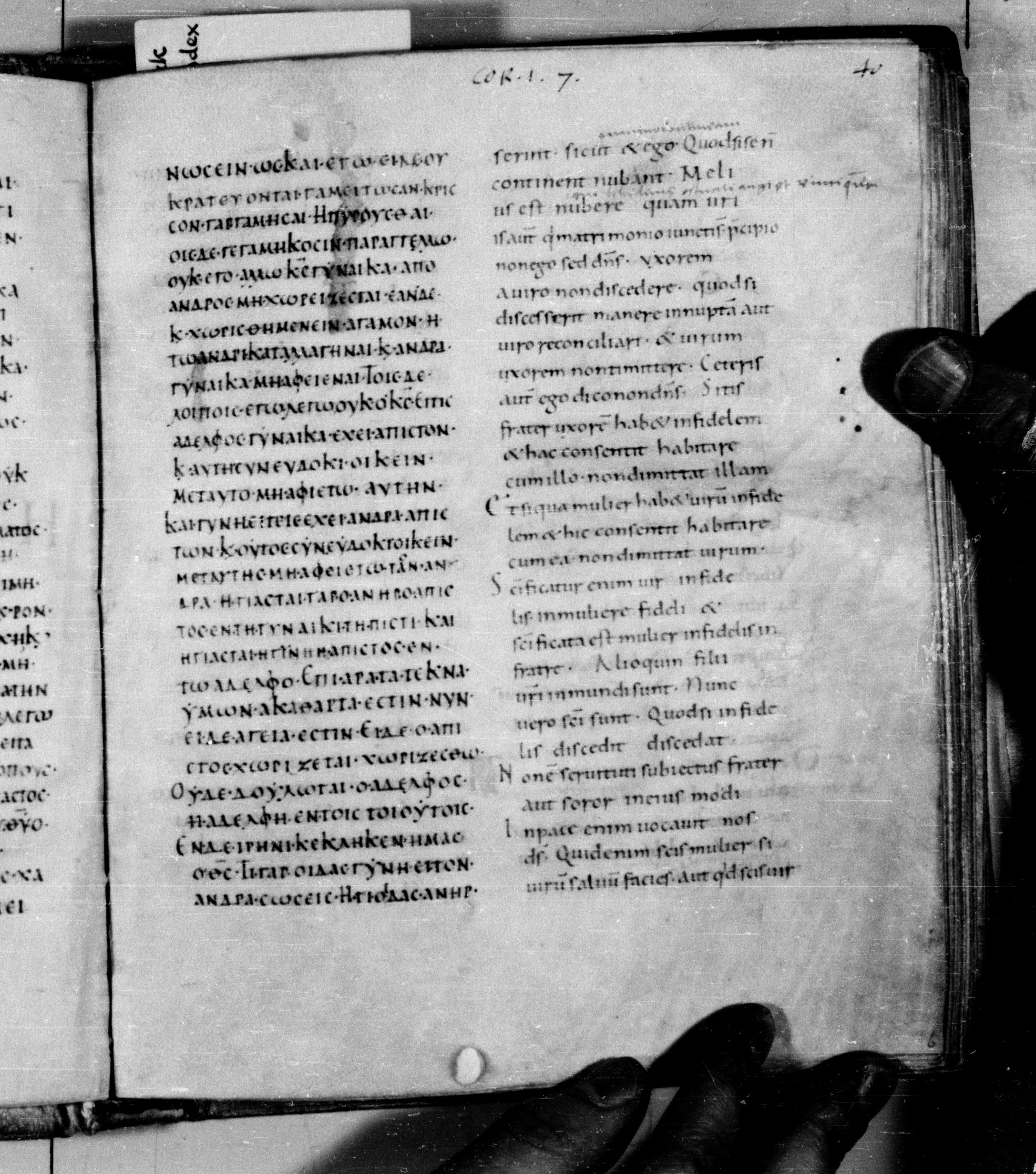 Codex Augiensis showing 1 Corinthians 7:13 from 9th Century found in Reichenau Abbey, Lake Constance, currently housed at Trinity College, Cambridge