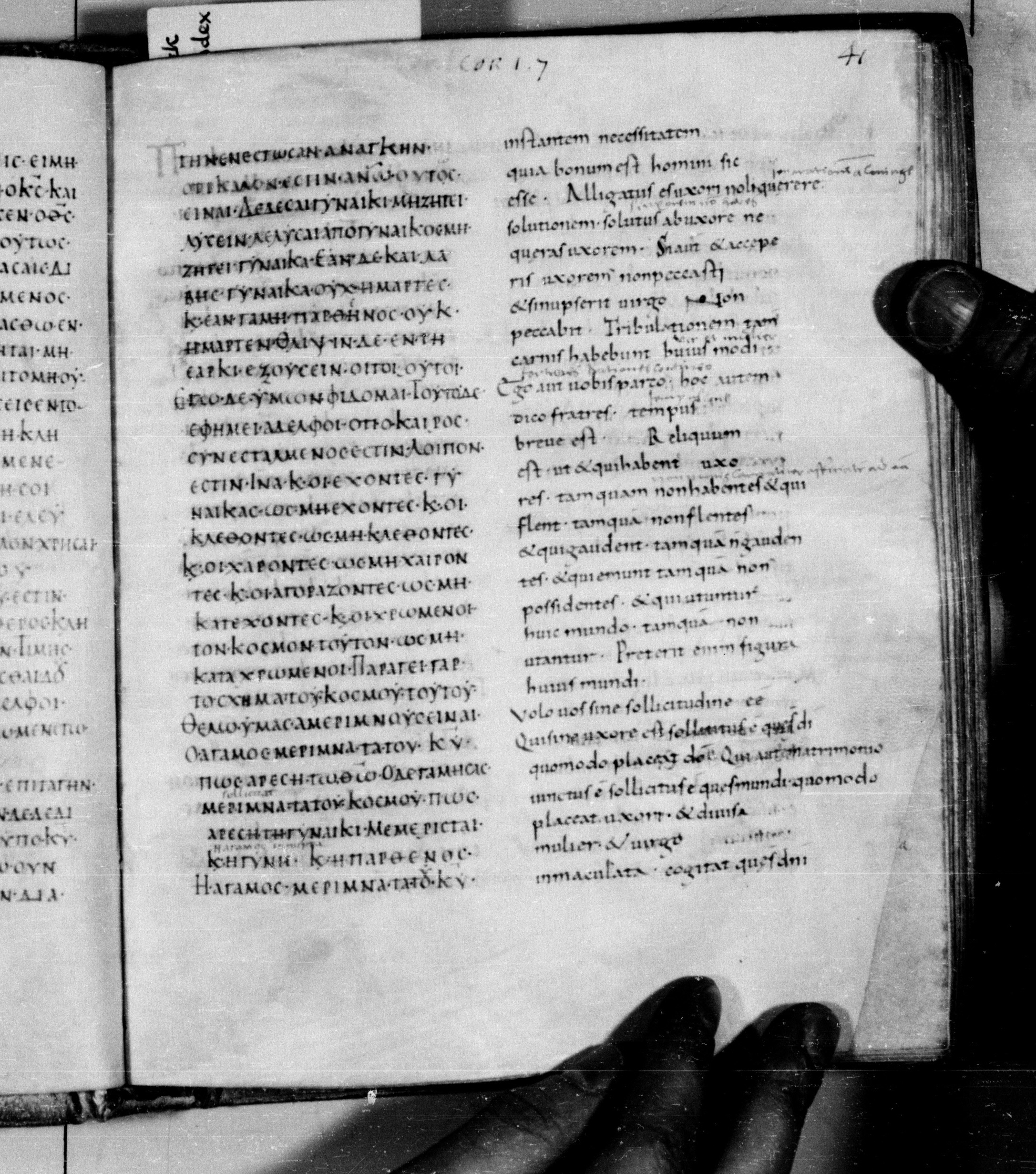 Codex Augiensis showing 1 Corinthians 7:32 from 9th Century found in Reichenau Abbey, Lake Constance, currently housed at Trinity College, Cambridge