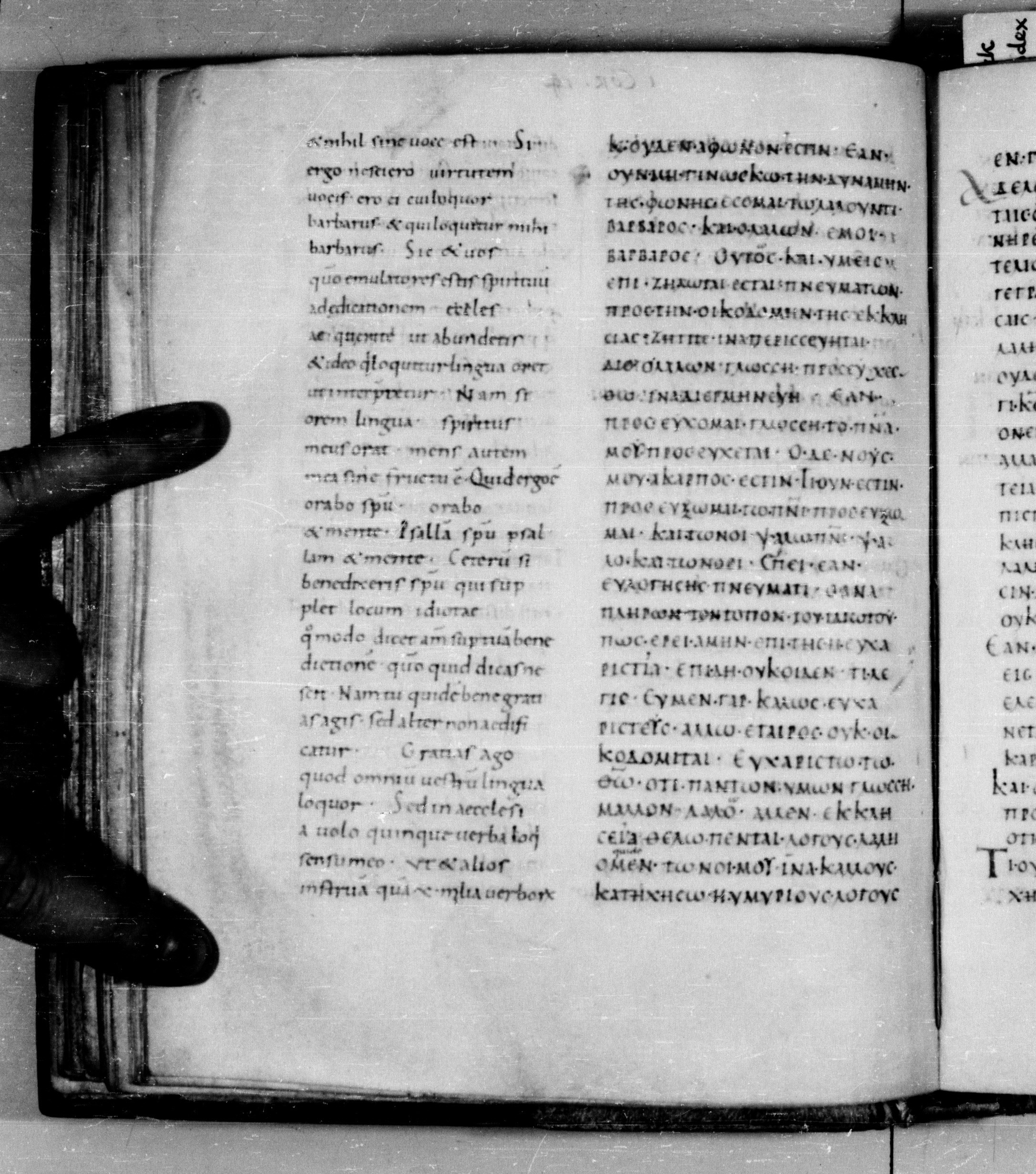 Codex Augiensis showing 1 Corinthians 14:13 from 9th Century found in Reichenau Abbey, Lake Constance, currently housed at Trinity College, Cambridge