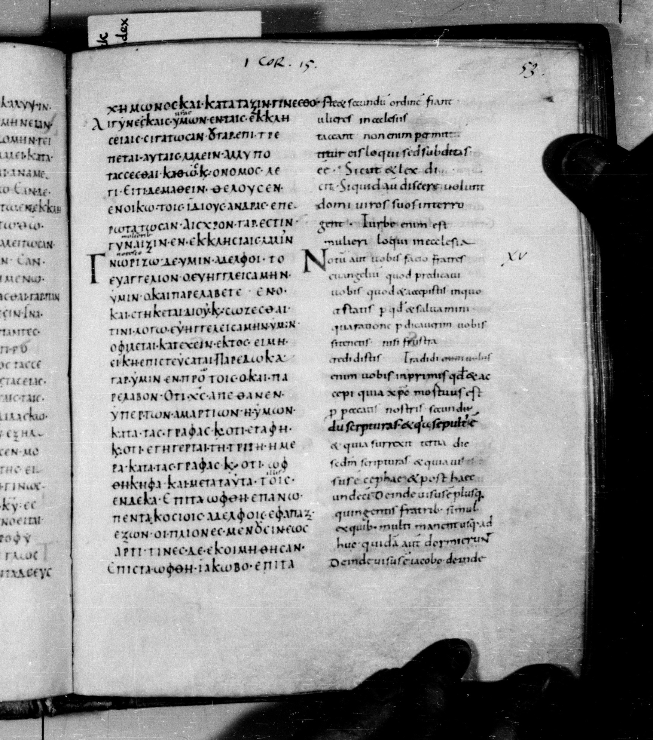 Codex Augiensis showing 1 Corinthians 15:2 from 9th Century found in Reichenau Abbey, Lake Constance, currently housed at Trinity College, Cambridge