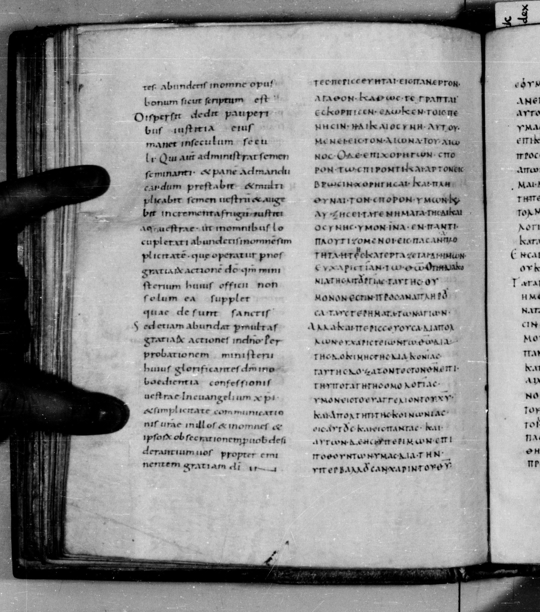 Codex Augiensis showing 2 Corinthians 9:13 from 9th Century found in Reichenau Abbey, Lake Constance, currently housed at Trinity College, Cambridge