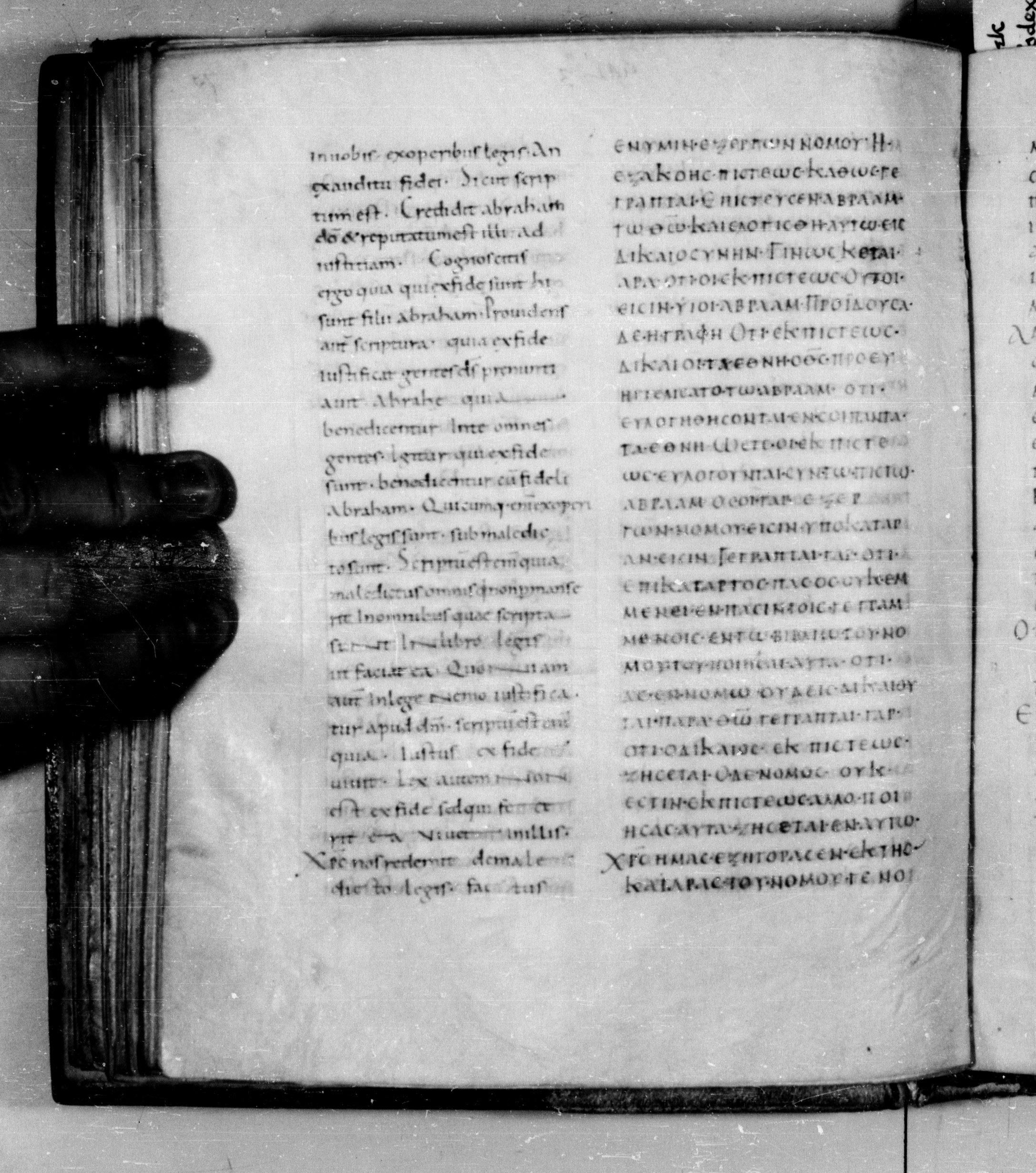 Codex Augiensis (Scan 1) showing Galatians 3:13 from 9th Century found in Reichenau Abbey, Lake Constance, currently housed at Trinity College, Cambridge