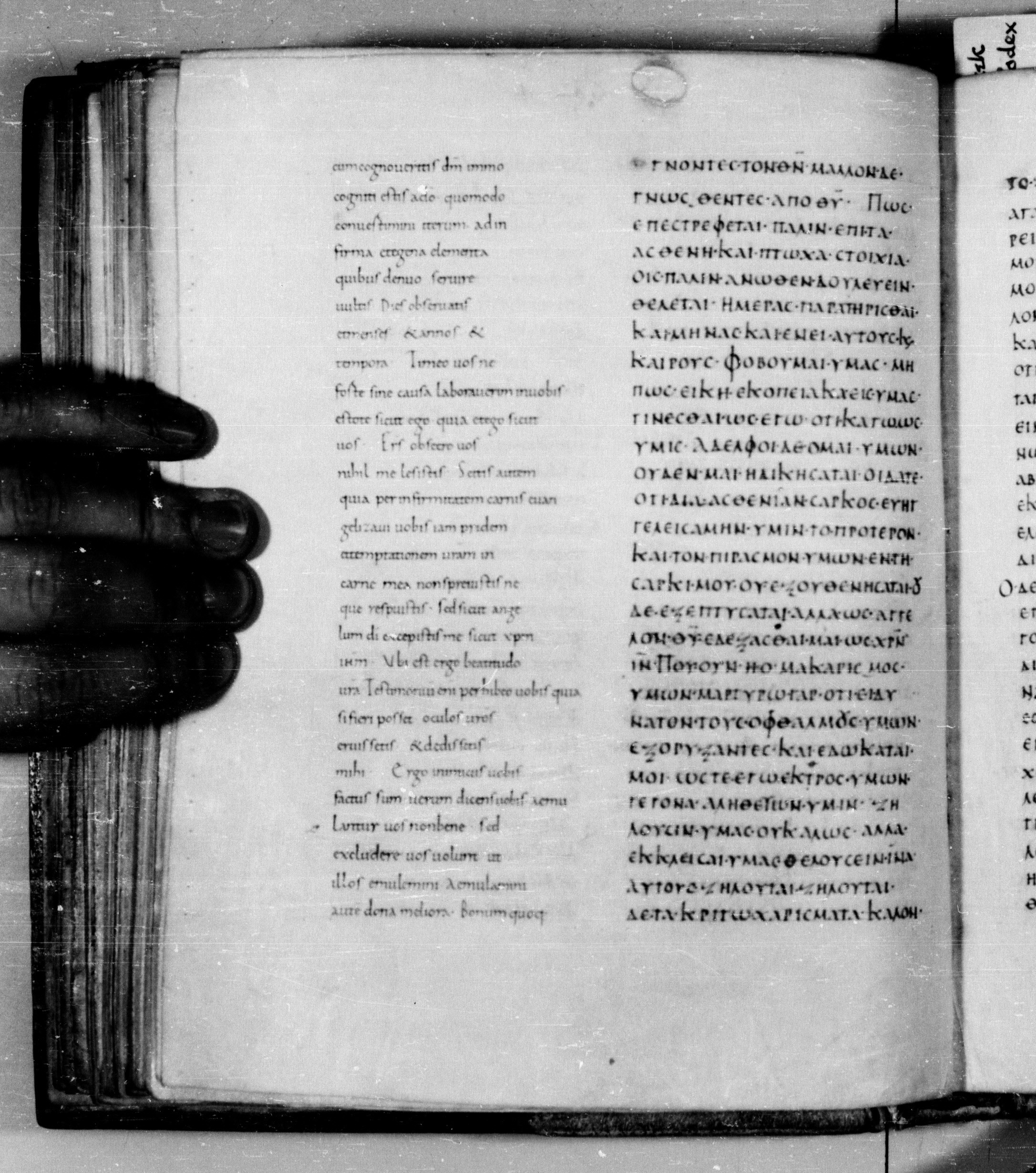 Codex Augiensis showing Galatians 4:13 from 9th Century found in Reichenau Abbey, Lake Constance, currently housed at Trinity College, Cambridge
