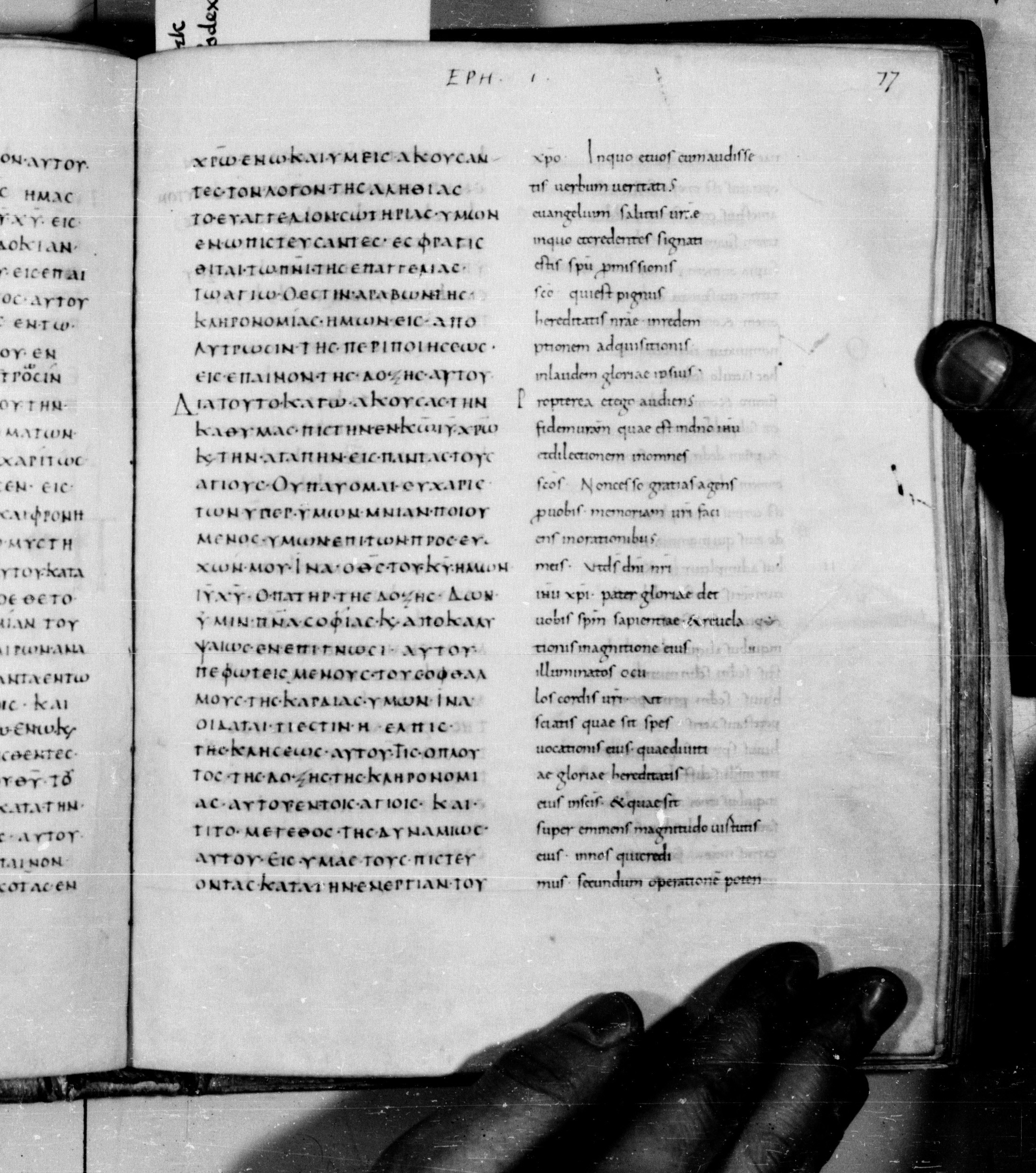 Codex Augiensis showing Ephesians 1:13 from 9th Century found in Reichenau Abbey, Lake Constance, currently housed at Trinity College, Cambridge