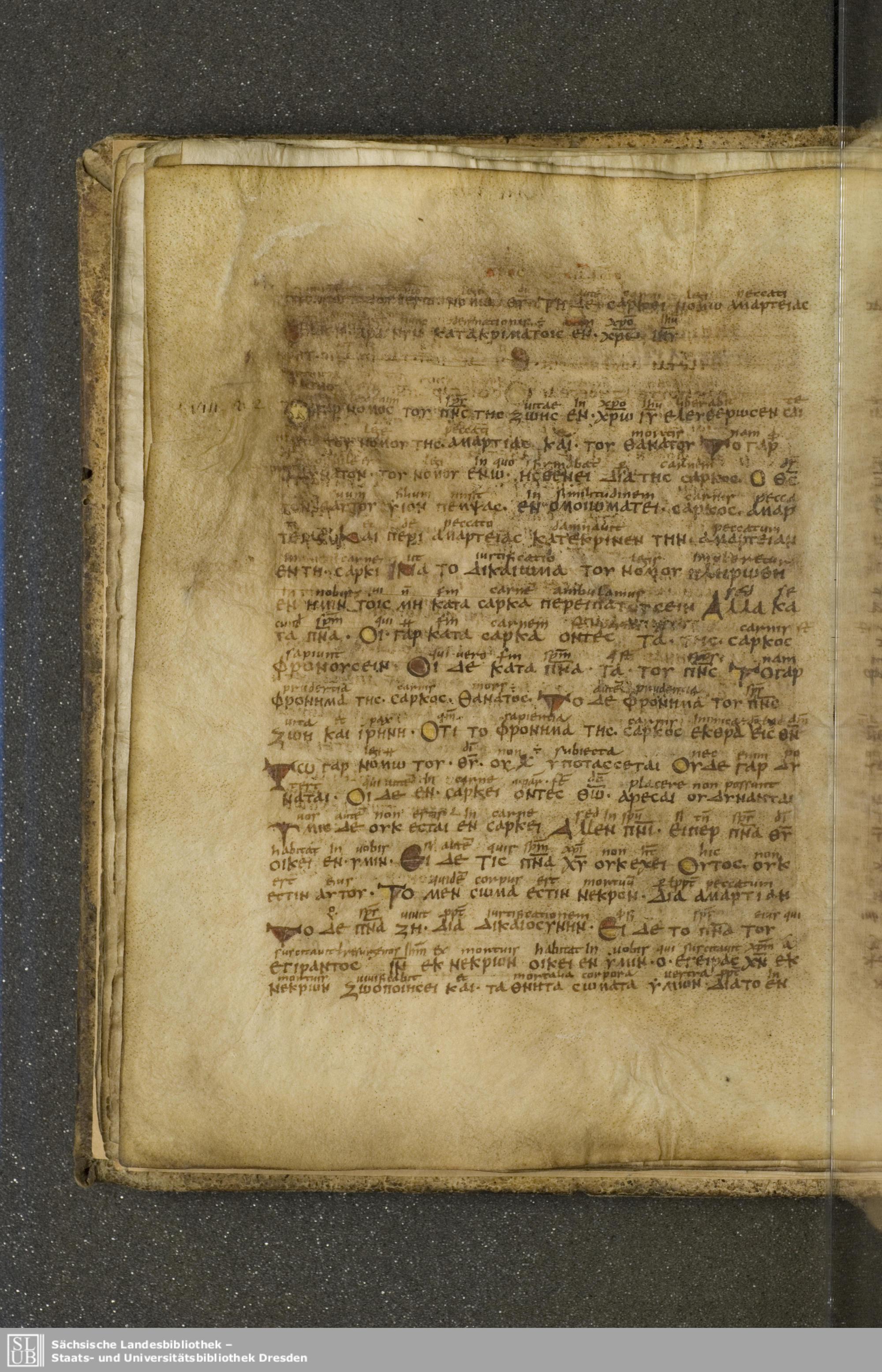 Codex Boernerianus showing Romans 8:2 from 9th Century found in Abbey of St. Gall, Switzerland, currently housed at Saxon State Library, Dresden, Germany