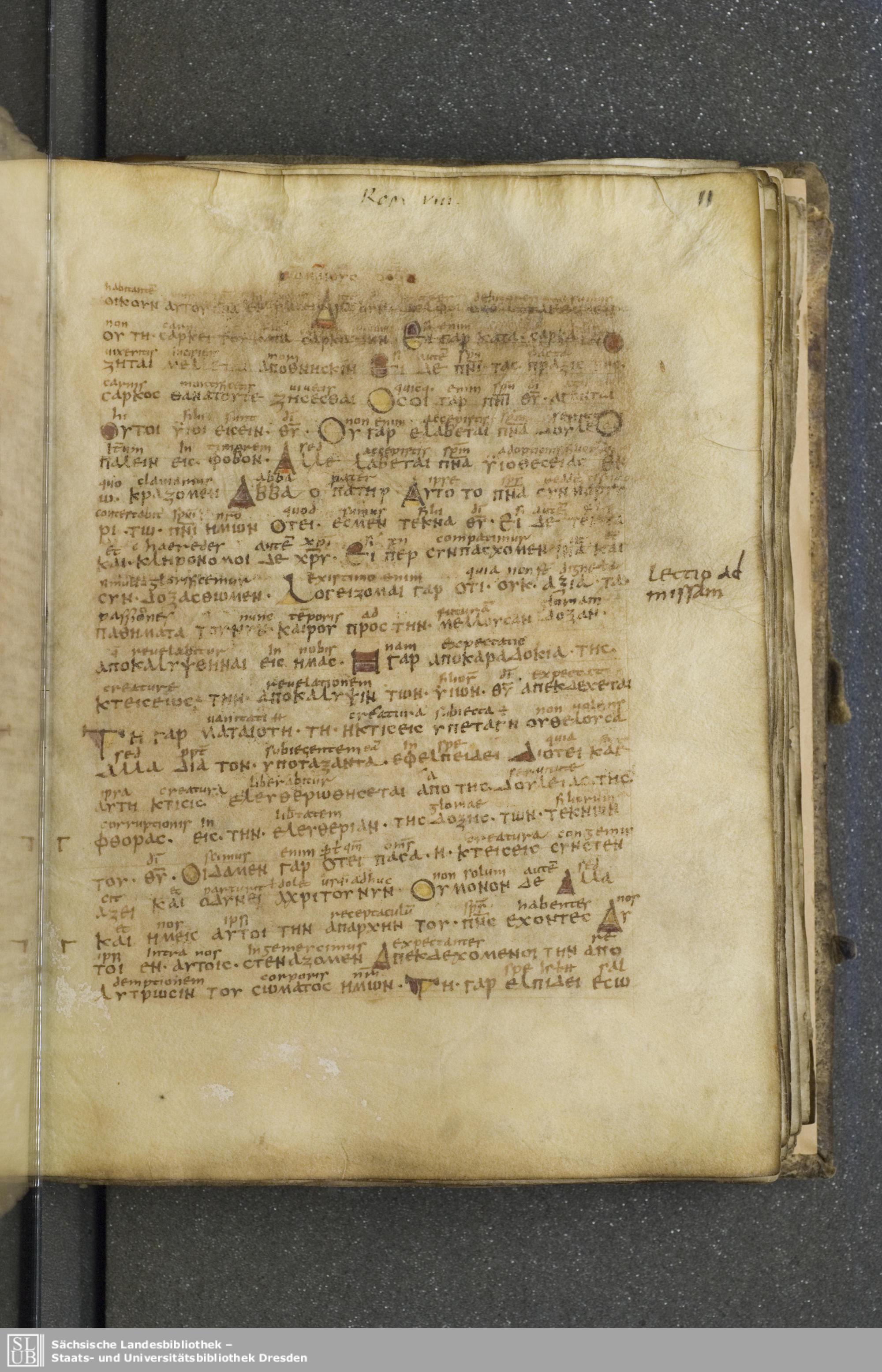 Codex Boernerianus showing Romans 8:13 from 9th Century found in Abbey of St. Gall, Switzerland, currently housed at Saxon State Library, Dresden, Germany