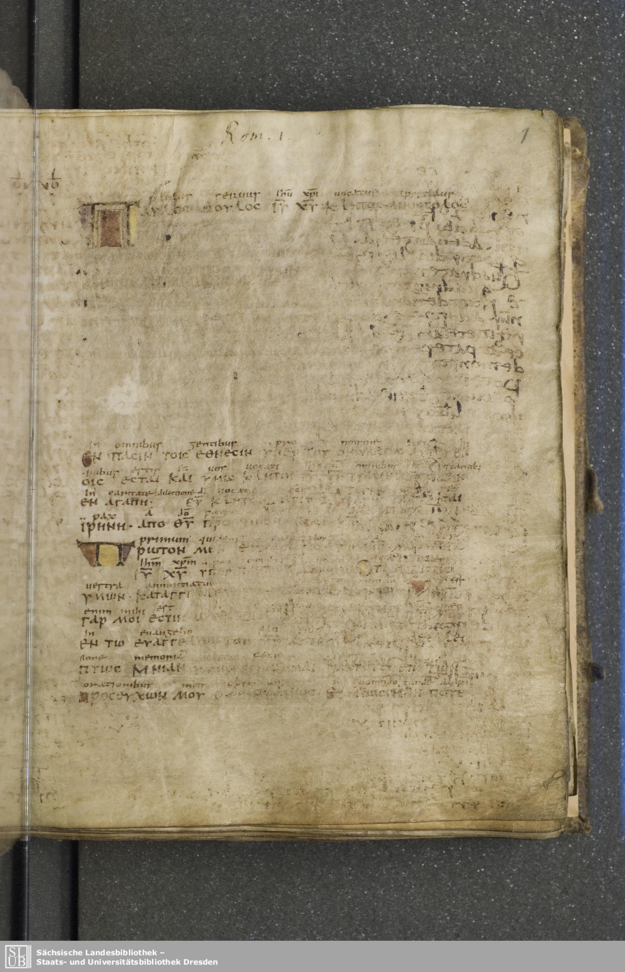Codex Boernerianus showing Romans 1:2 from 9th Century found in Abbey of St. Gall, Switzerland, currently housed at Saxon State Library, Dresden, Germany