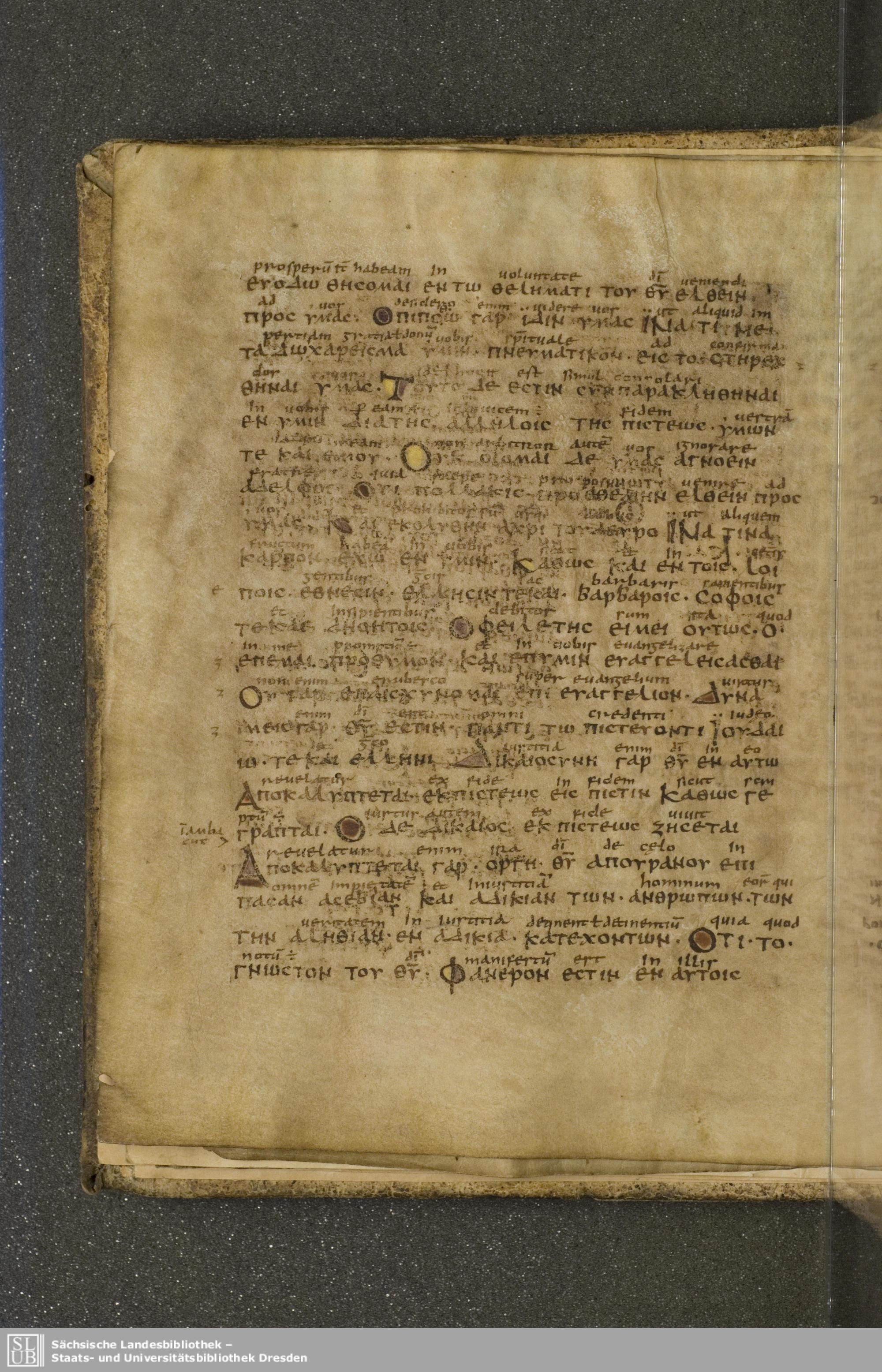 Codex Boernerianus showing Romans 1:13 from 9th Century found in Abbey of St. Gall, Switzerland, currently housed at Saxon State Library, Dresden, Germany