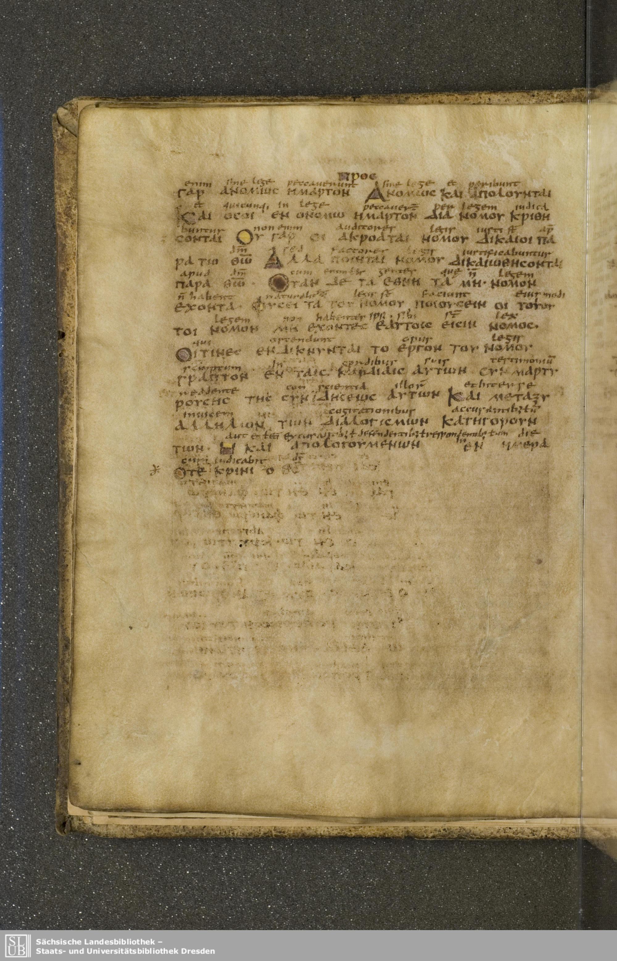 Codex Boernerianus showing Romans 2:13 from 9th Century found in Abbey of St. Gall, Switzerland, currently housed at Saxon State Library, Dresden, Germany