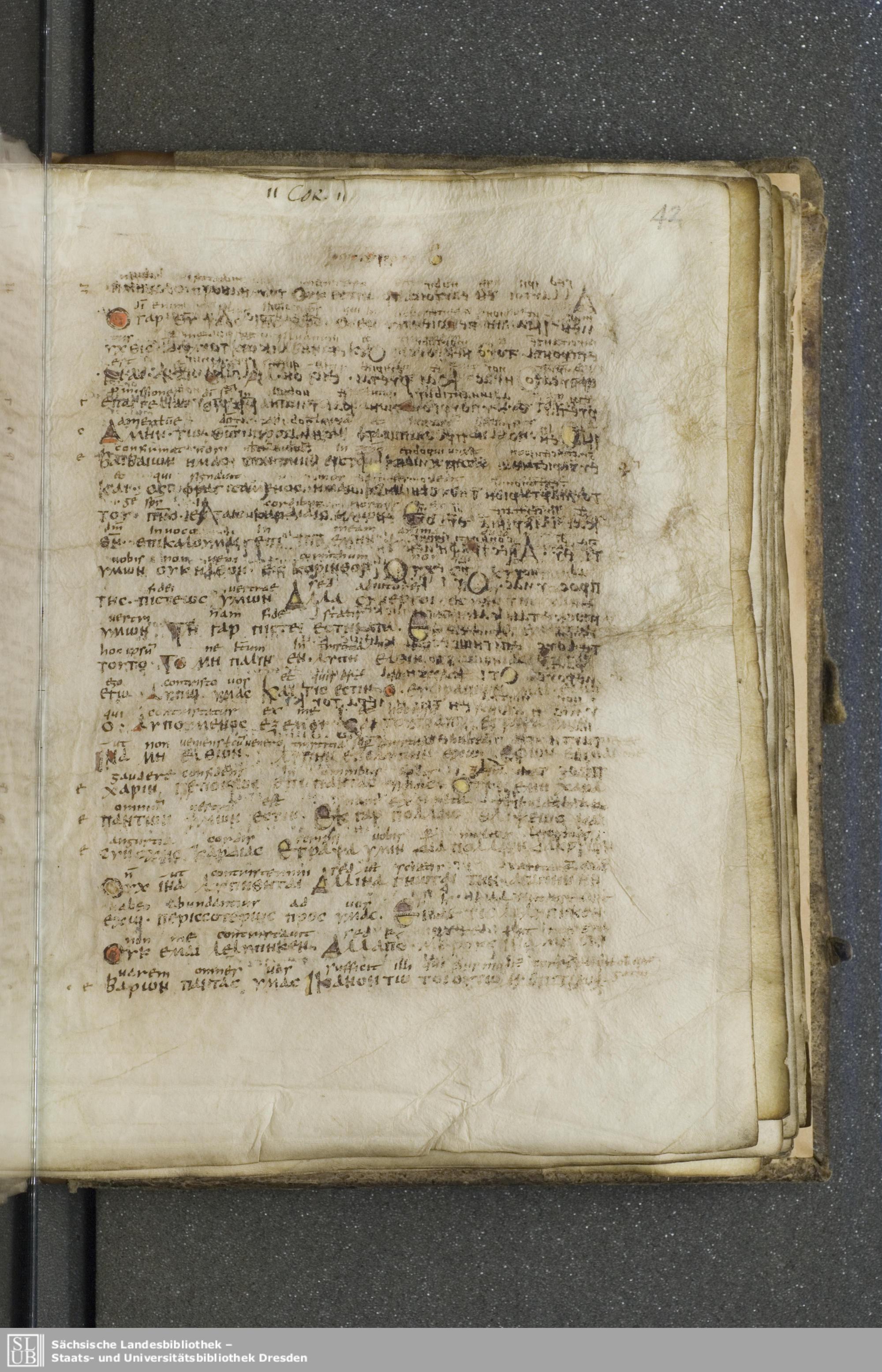 Codex Boernerianus showing 2 Corinthians 1:21 from 9th Century found in Abbey of St. Gall, Switzerland, currently housed at Saxon State Library, Dresden, Germany