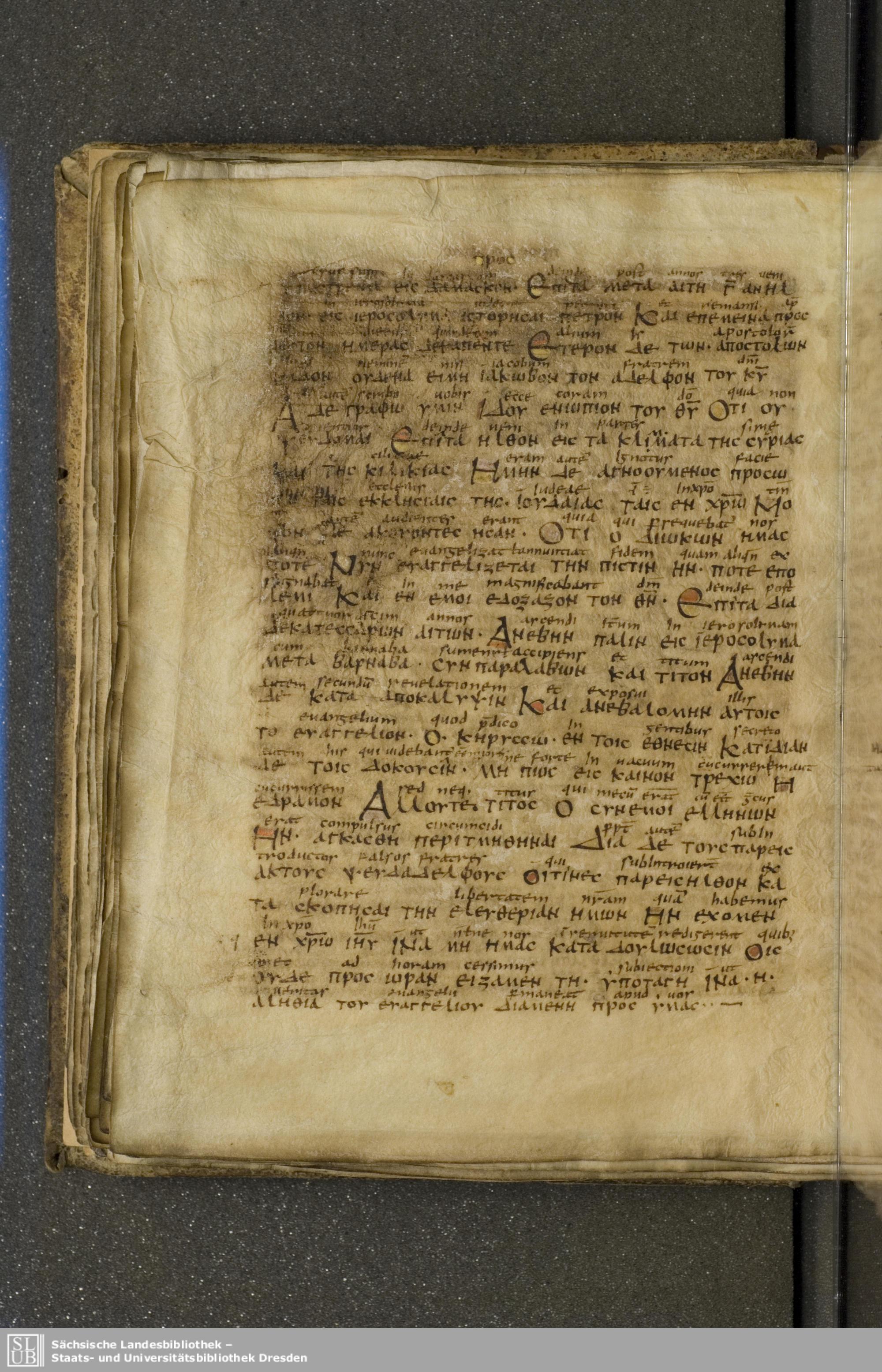 Codex Boernerianus showing Galatians 2:3 from 9th Century found in Abbey of St. Gall, Switzerland, currently housed at Saxon State Library, Dresden, Germany