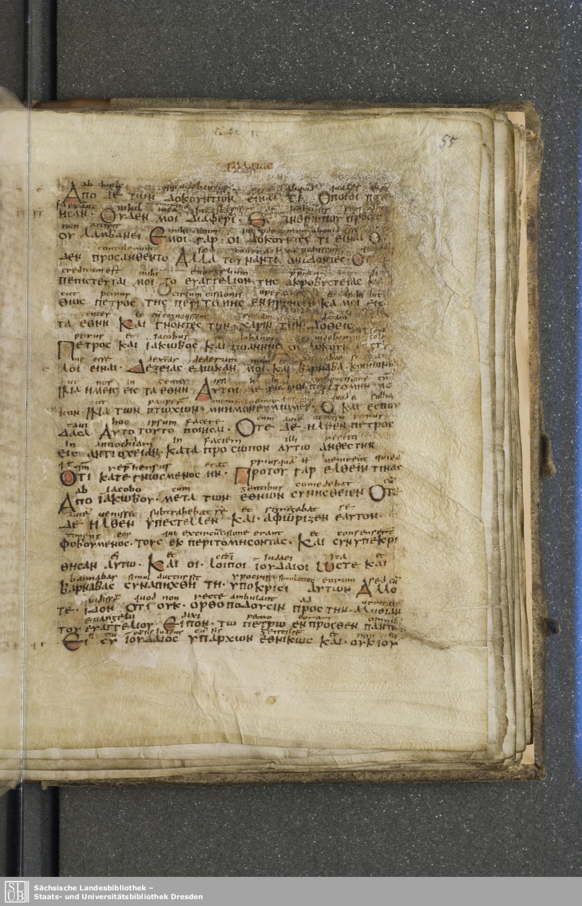 Codex Boernerianus showing Galatians 2:13 from 9th Century found in Abbey of St. Gall, Switzerland, currently housed at Saxon State Library, Dresden, Germany