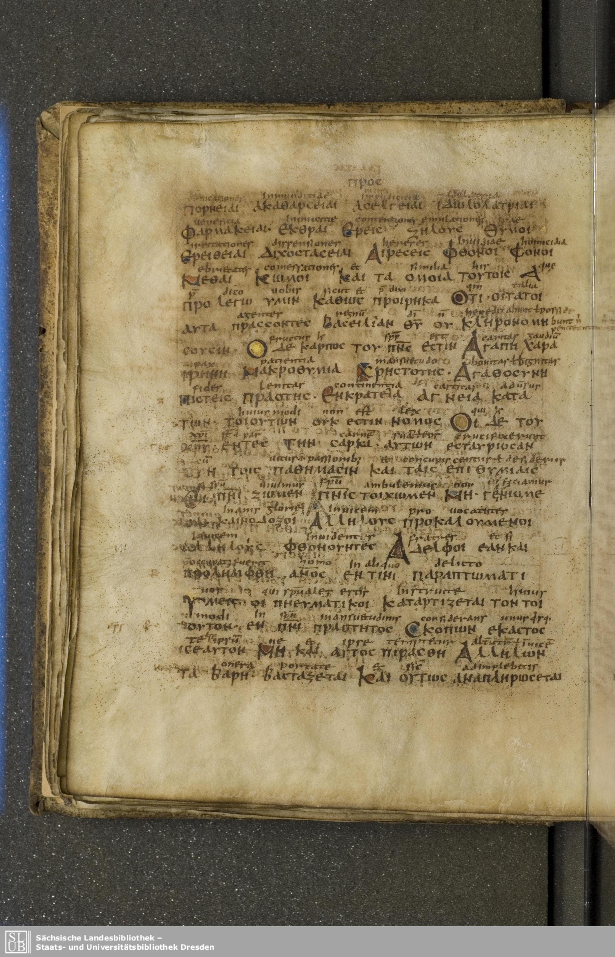 Codex Boernerianus showing Galatians 5:21 from 9th Century found in Abbey of St. Gall, Switzerland, currently housed at Saxon State Library, Dresden, Germany