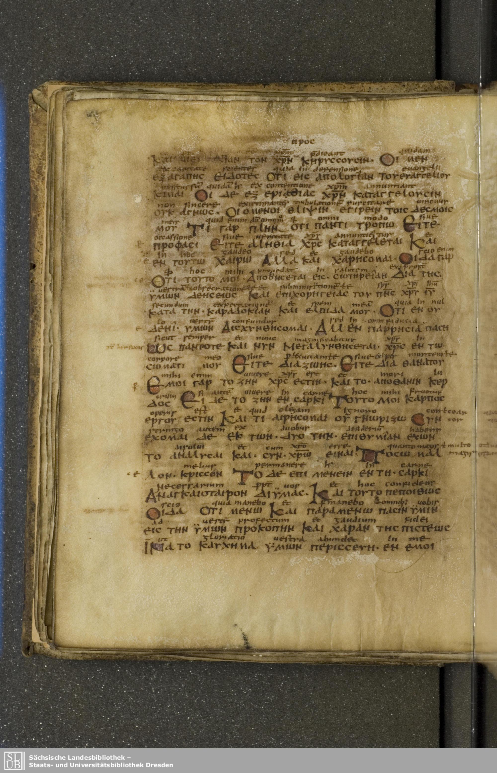 Codex Boernerianus showing Philippians 1:21 from 9th Century found in Abbey of St. Gall, Switzerland, currently housed at Saxon State Library, Dresden, Germany