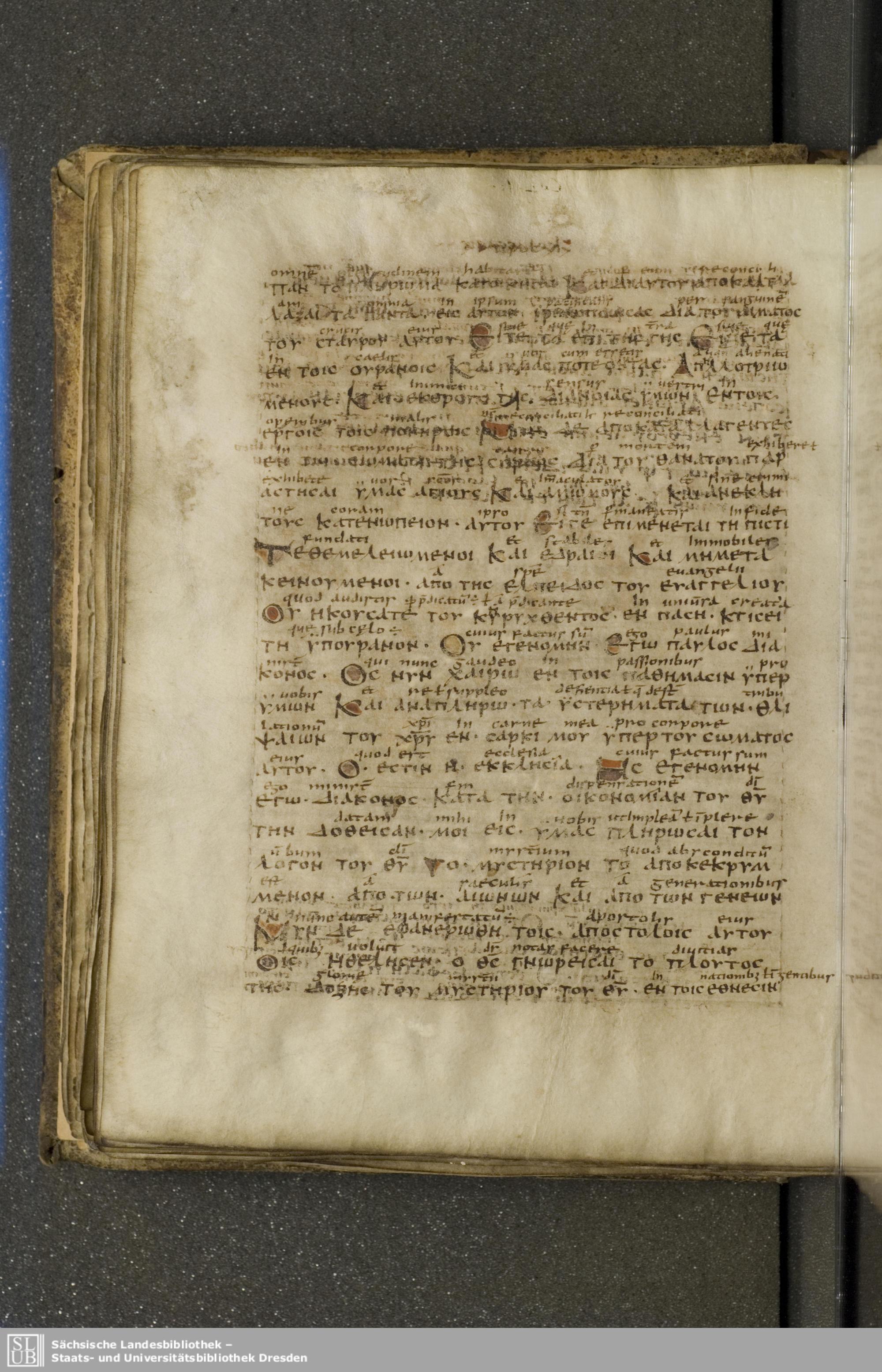 Codex Boernerianus showing Colossians 1:22 from 9th Century found in Abbey of St. Gall, Switzerland, currently housed at Saxon State Library, Dresden, Germany