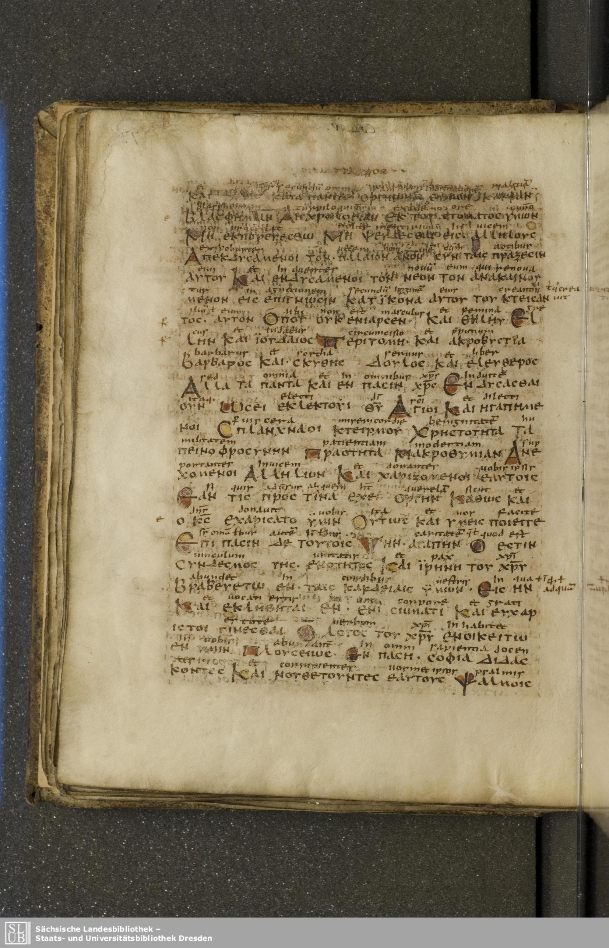 Codex Boernerianus (Scan 2) showing Colossians 3:8 from 9th Century found in Abbey of St. Gall, Switzerland, currently housed at Saxon State Library, Dresden, Germany