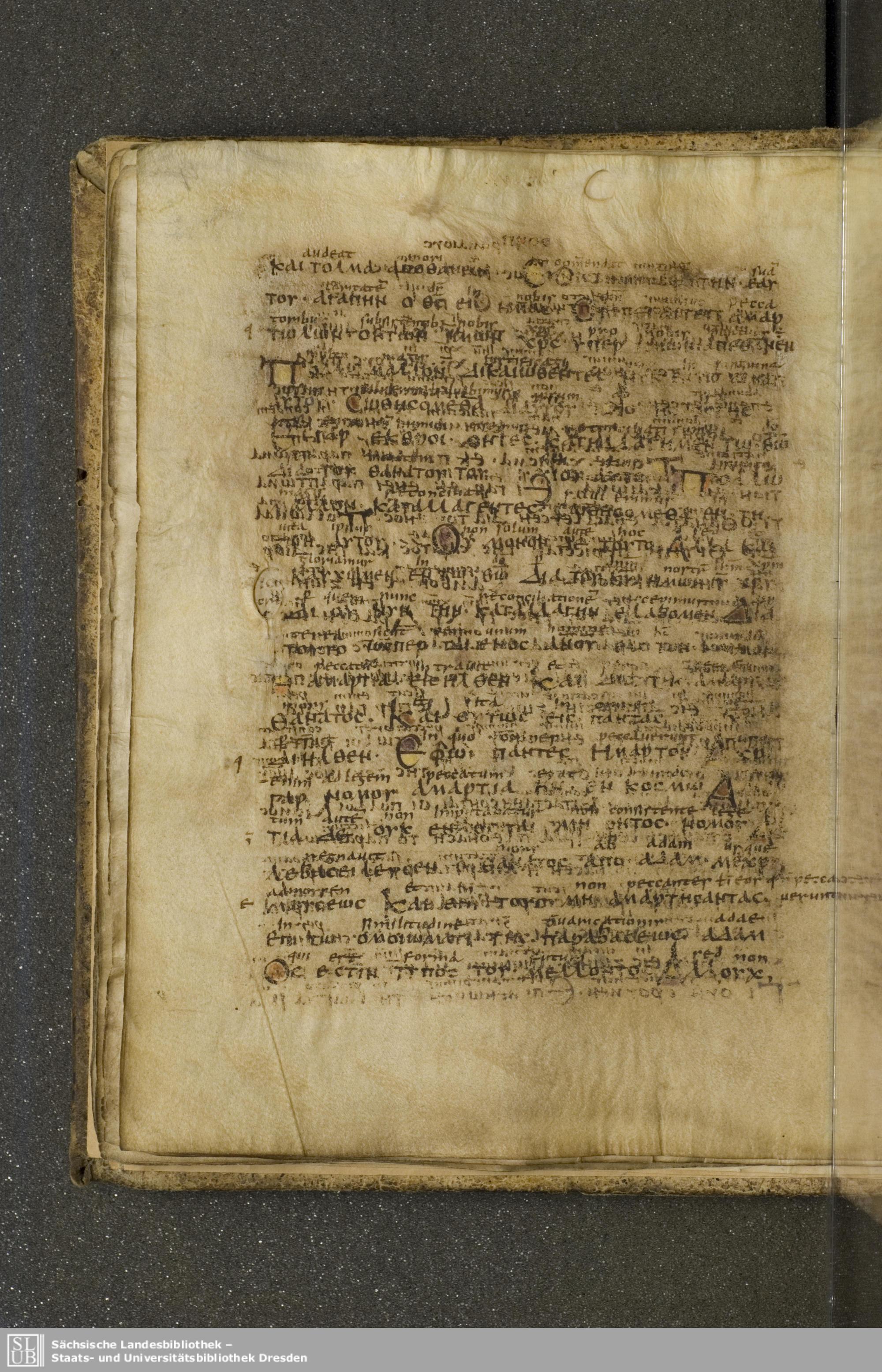 Codex Boernerianus (Scan 2) showing Romans 5:7 from 9th Century found in Abbey of St. Gall, Switzerland, currently housed at Saxon State Library, Dresden, Germany