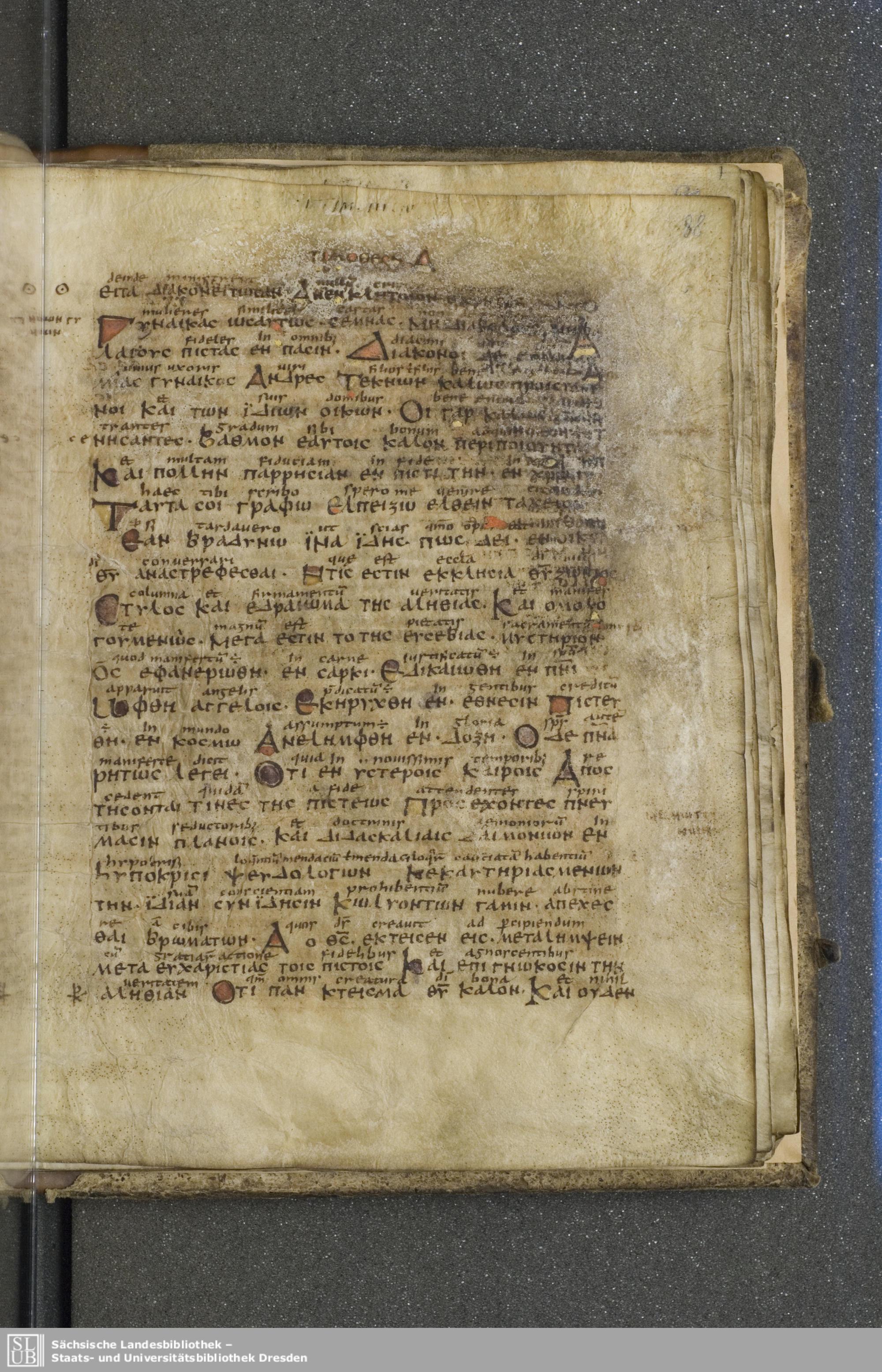 Codex Boernerianus showing 1 Timothy 3:13 from 9th Century found in Abbey of St. Gall, Switzerland, currently housed at Saxon State Library, Dresden, Germany