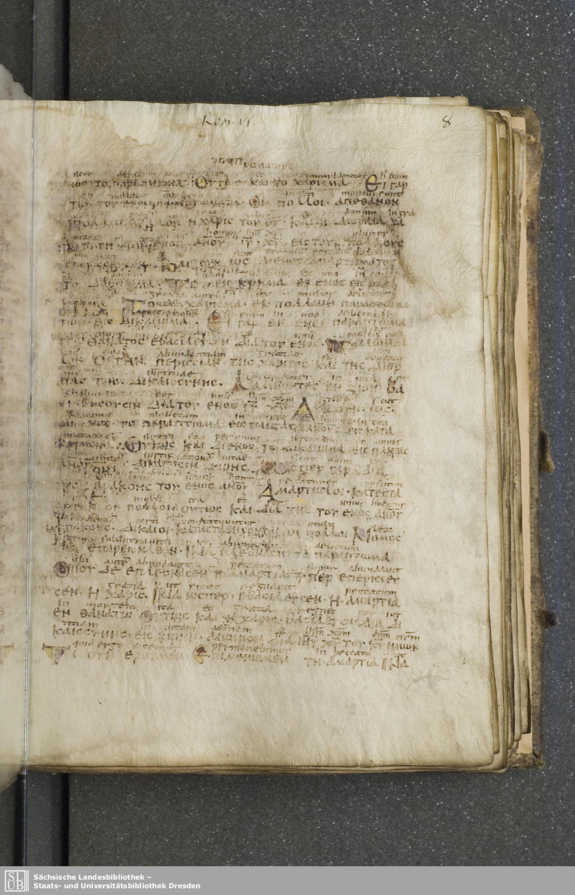 Codex Boernerianus showing Romans 6:0 from 9th Century found in Abbey of St. Gall, Switzerland, currently housed at Saxon State Library, Dresden, Germany