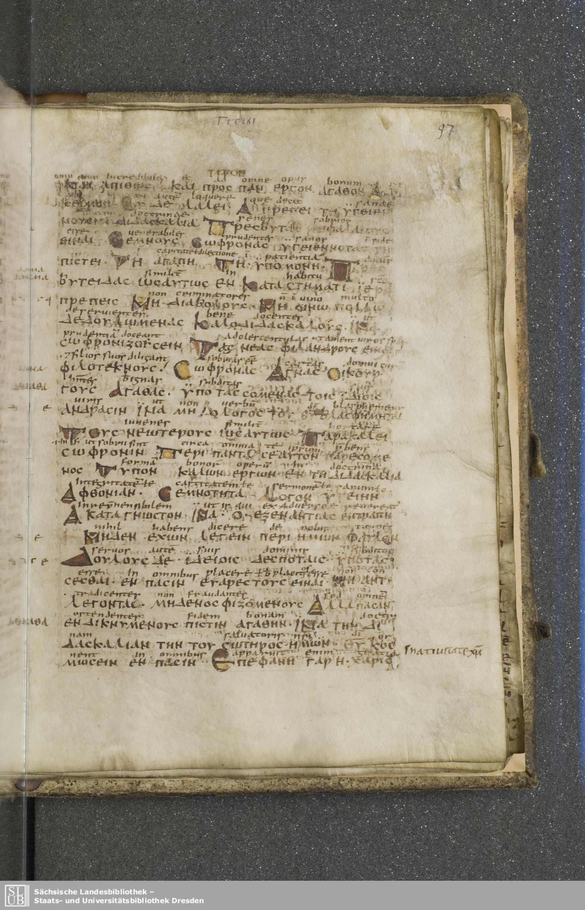 Codex Boernerianus showing Titus 2:4 from 9th Century found in Abbey of St. Gall, Switzerland, currently housed at Saxon State Library, Dresden, Germany