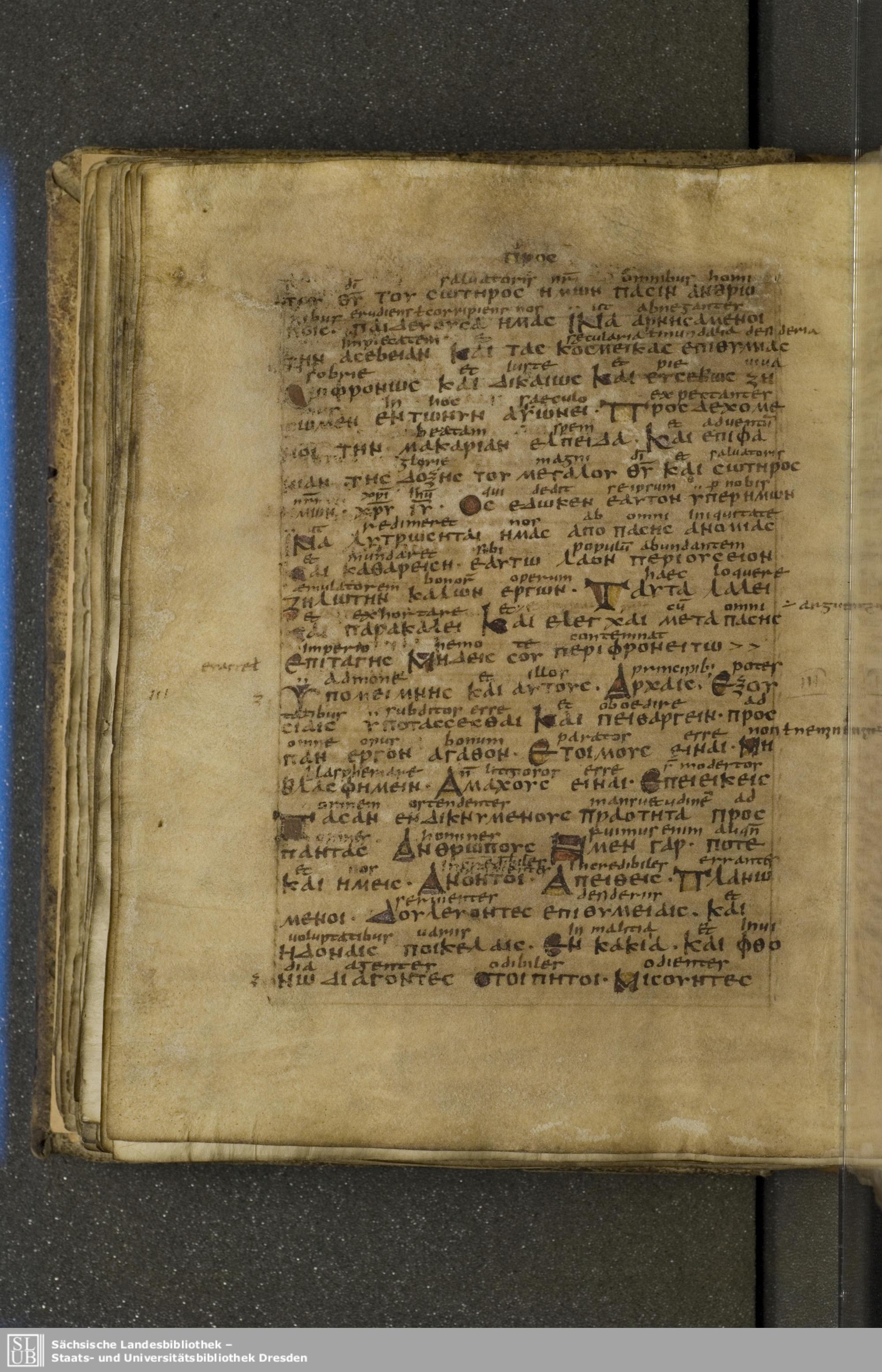 Codex Boernerianus showing Titus 2:12 from 9th Century found in Abbey of St. Gall, Switzerland, currently housed at Saxon State Library, Dresden, Germany