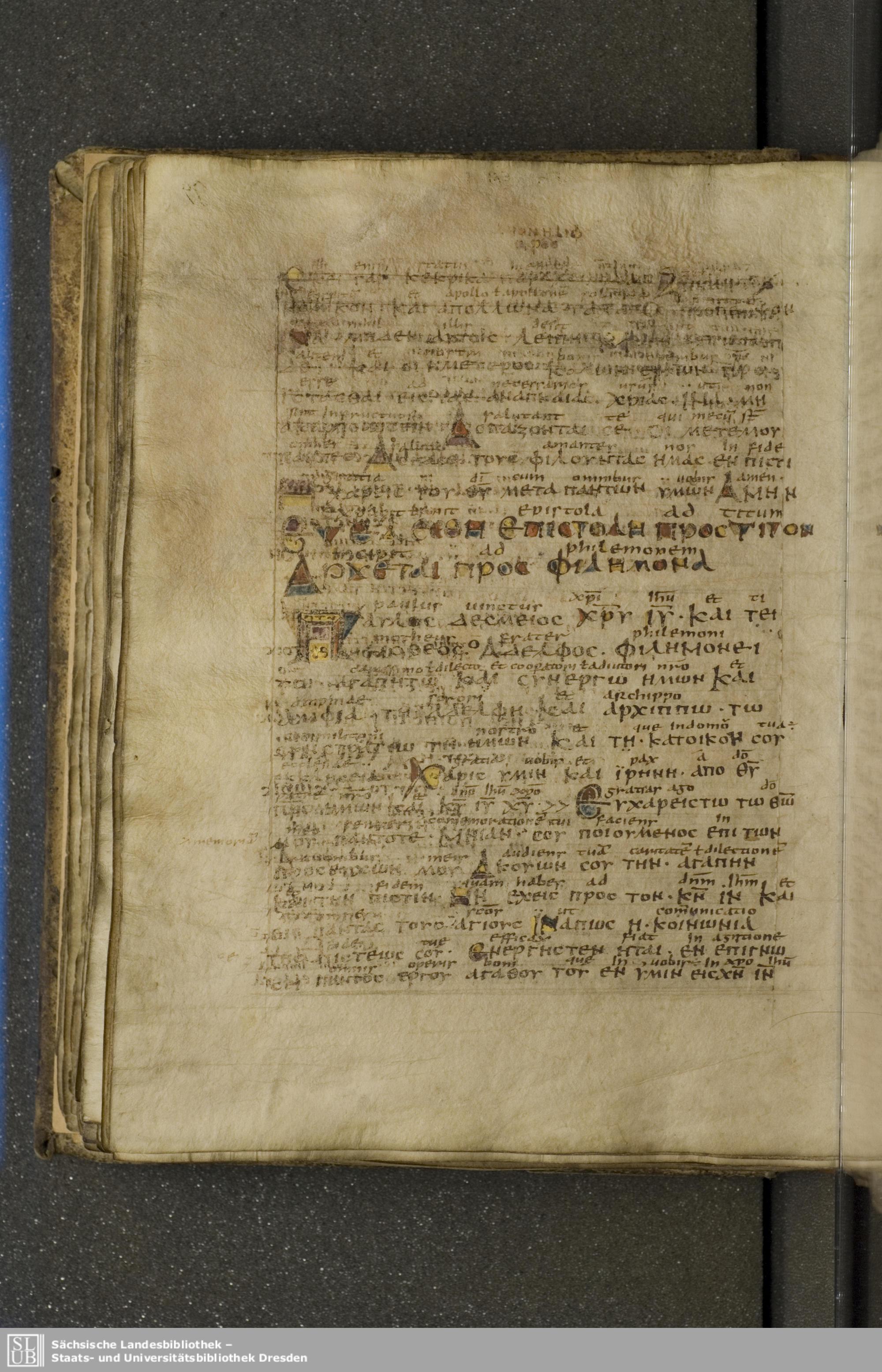 Codex Boernerianus showing Philemon 1:2 from 9th Century found in Abbey of St. Gall, Switzerland, currently housed at Saxon State Library, Dresden, Germany