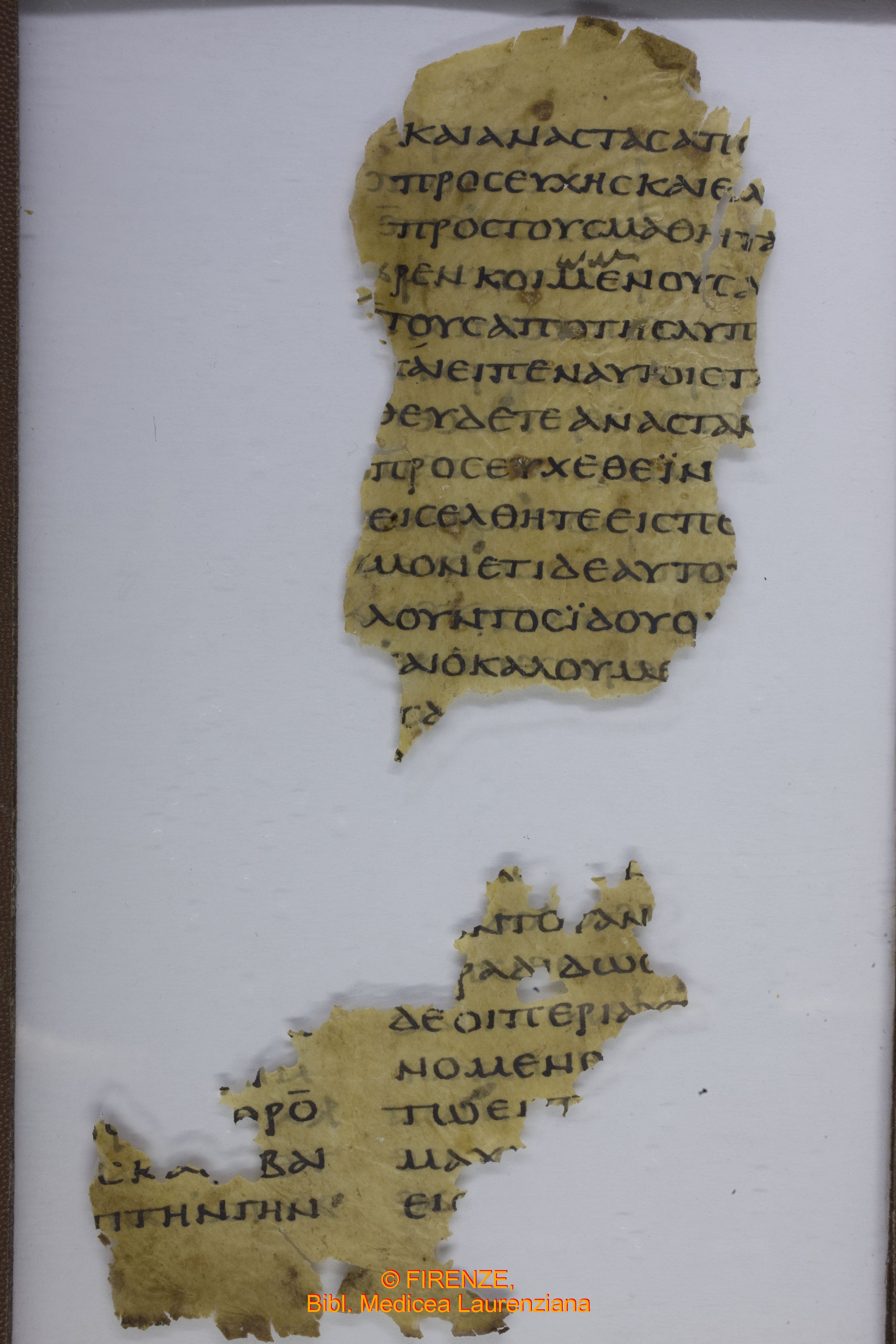 Uncial 0171 showing Luke 22:49 from Late 3rd / Early 4th Century found in Hermopolis Magna, Egypt, currently housed at Biblioteca Medicea Laurenziana, Florence / Berlin State Museums
