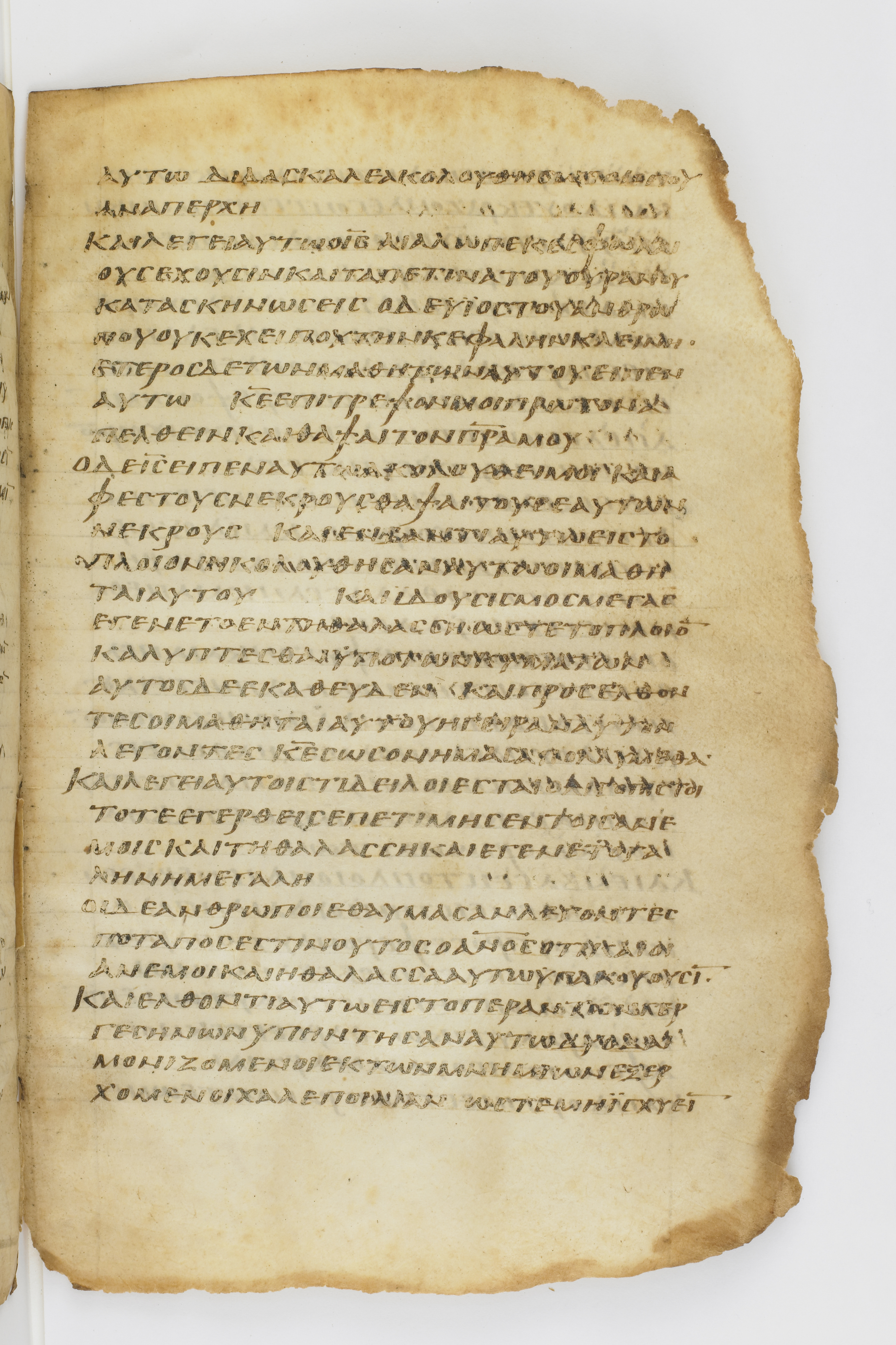 Codex Washingtonianus showing Matthew 8:21 from Late 4th to 5th Century found in Egypt (possibly near the Pyramids), currently housed at Freer Gallery of Art, Smithsonian Institution, Washington, D.C.