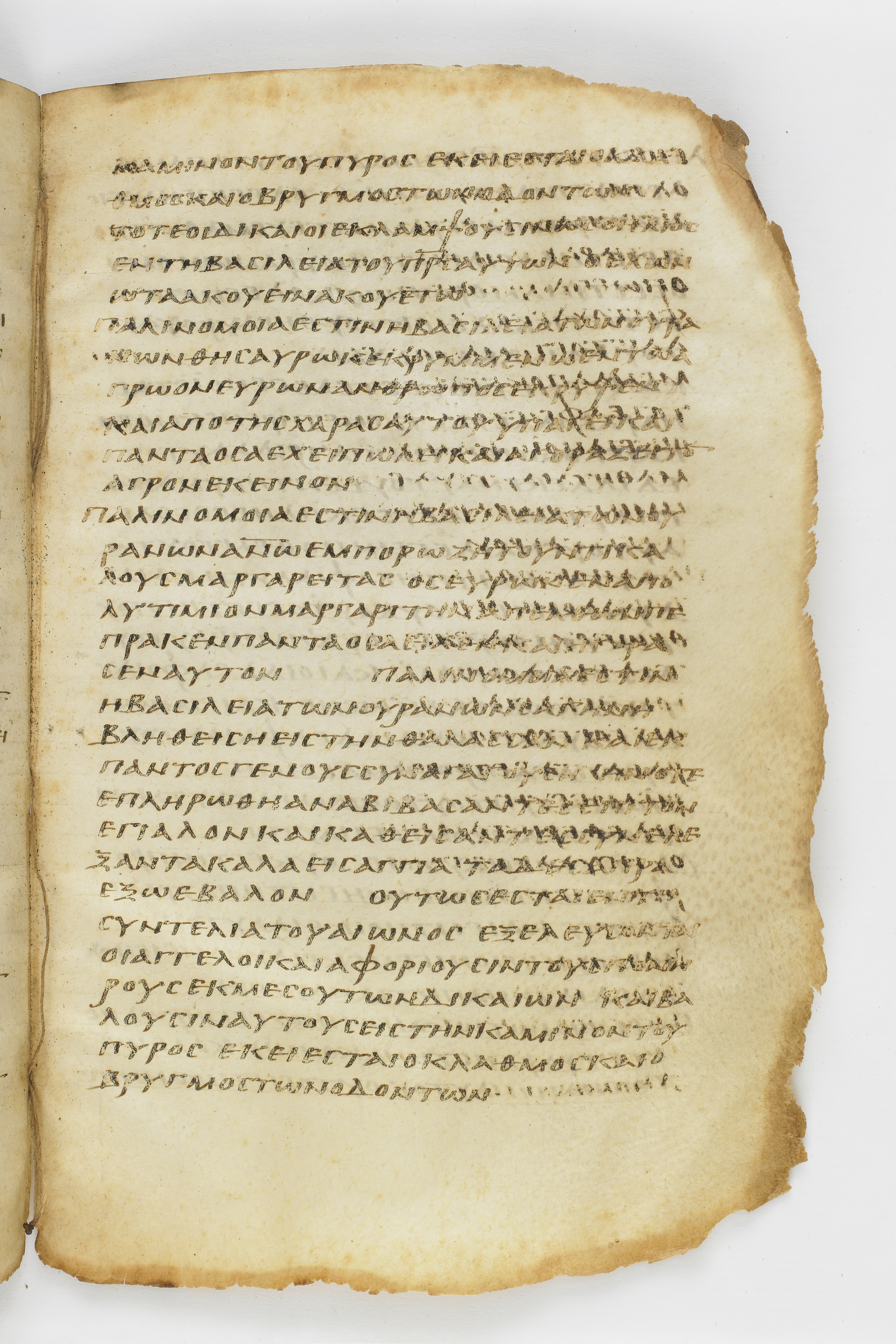 Codex Washingtonianus showing Matthew 13:49 from Late 4th to 5th Century found in Egypt (possibly near the Pyramids), currently housed at Freer Gallery of Art, Smithsonian Institution, Washington, D.C.