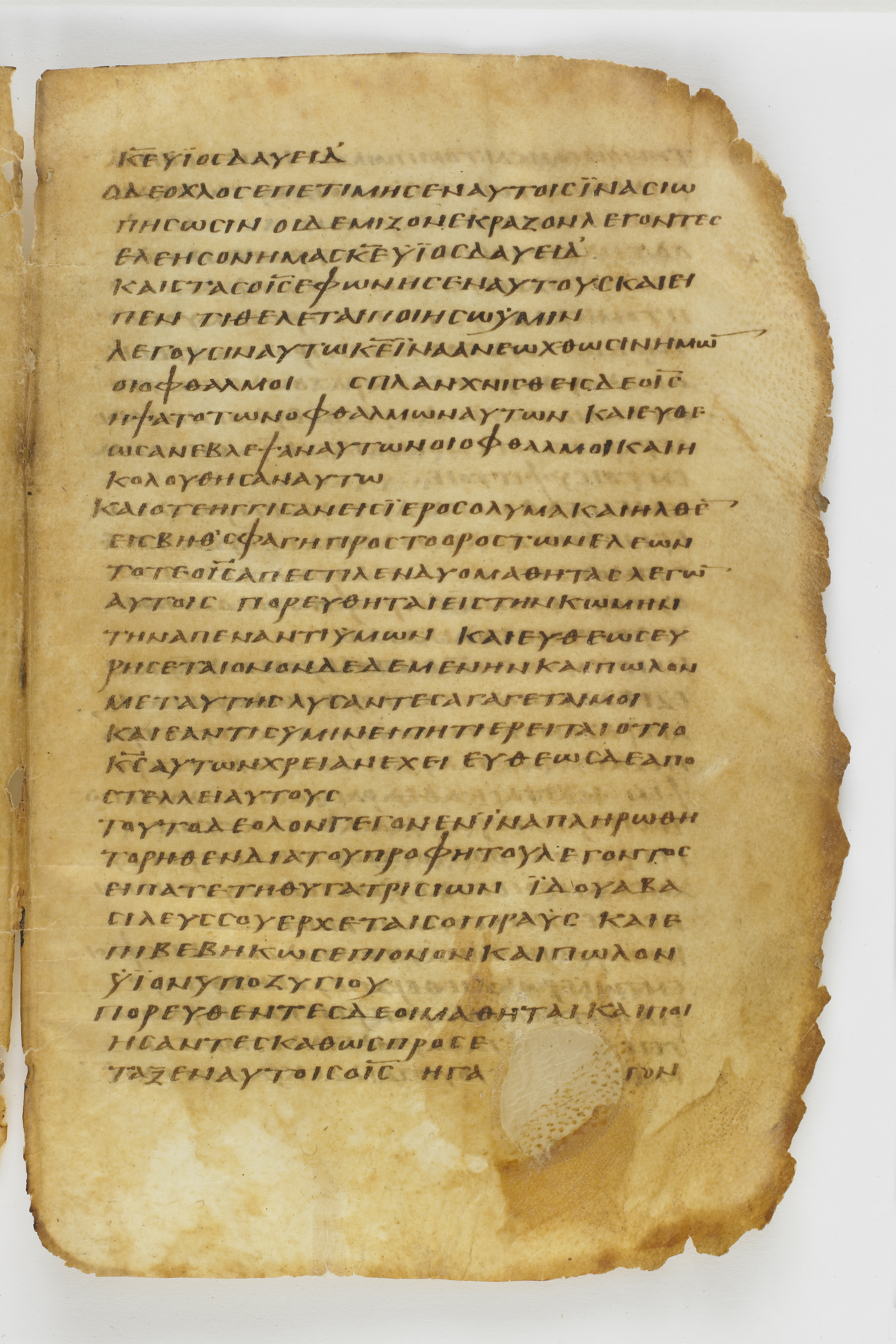 Codex Washingtonianus showing Matthew 21:2 from Late 4th to 5th Century found in Egypt (possibly near the Pyramids), currently housed at Freer Gallery of Art, Smithsonian Institution, Washington, D.C.