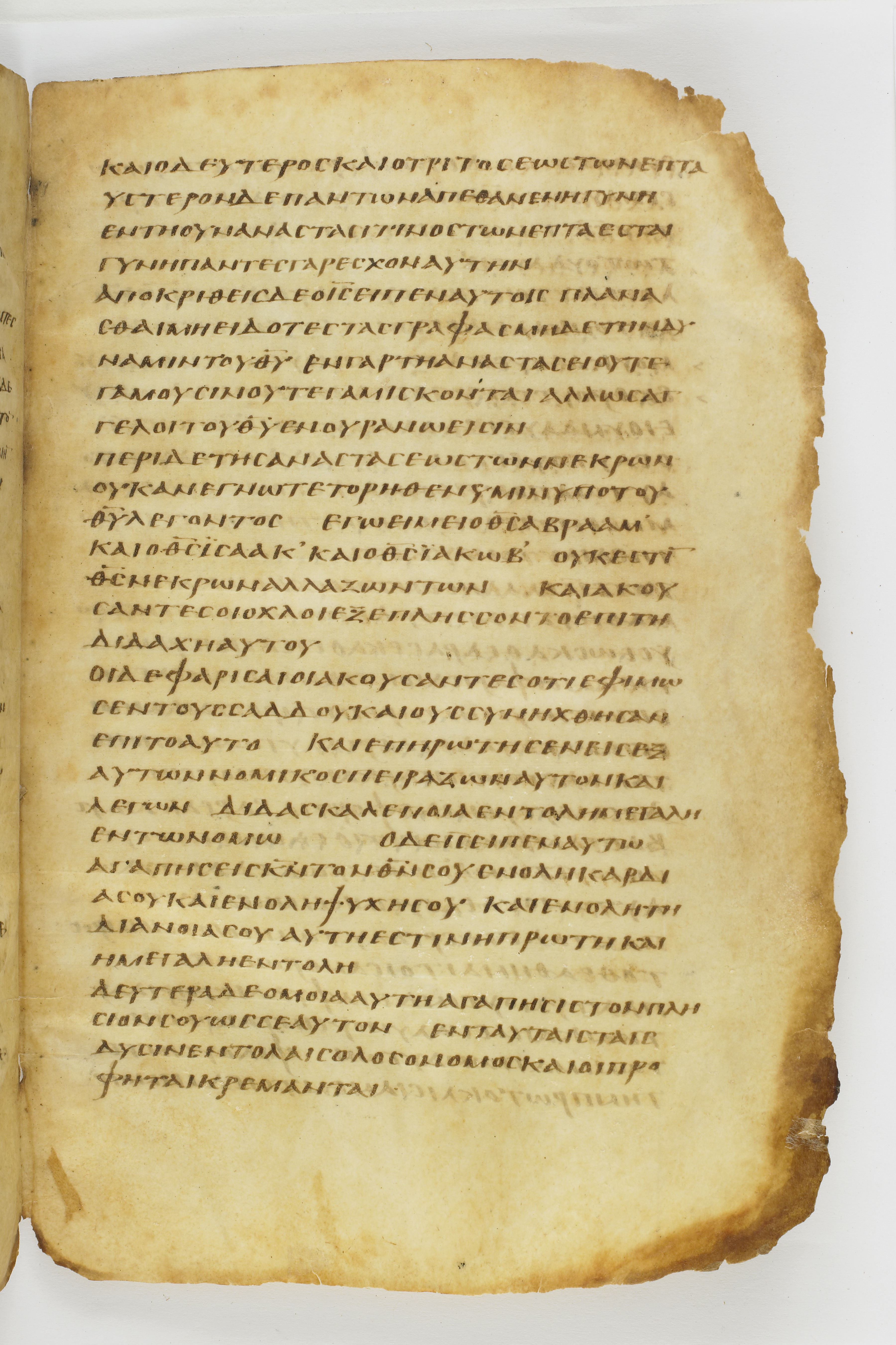 Codex Washingtonianus showing Matthew 22:33 from Late 4th to 5th Century found in Egypt (possibly near the Pyramids), currently housed at Freer Gallery of Art, Smithsonian Institution, Washington, D.C.