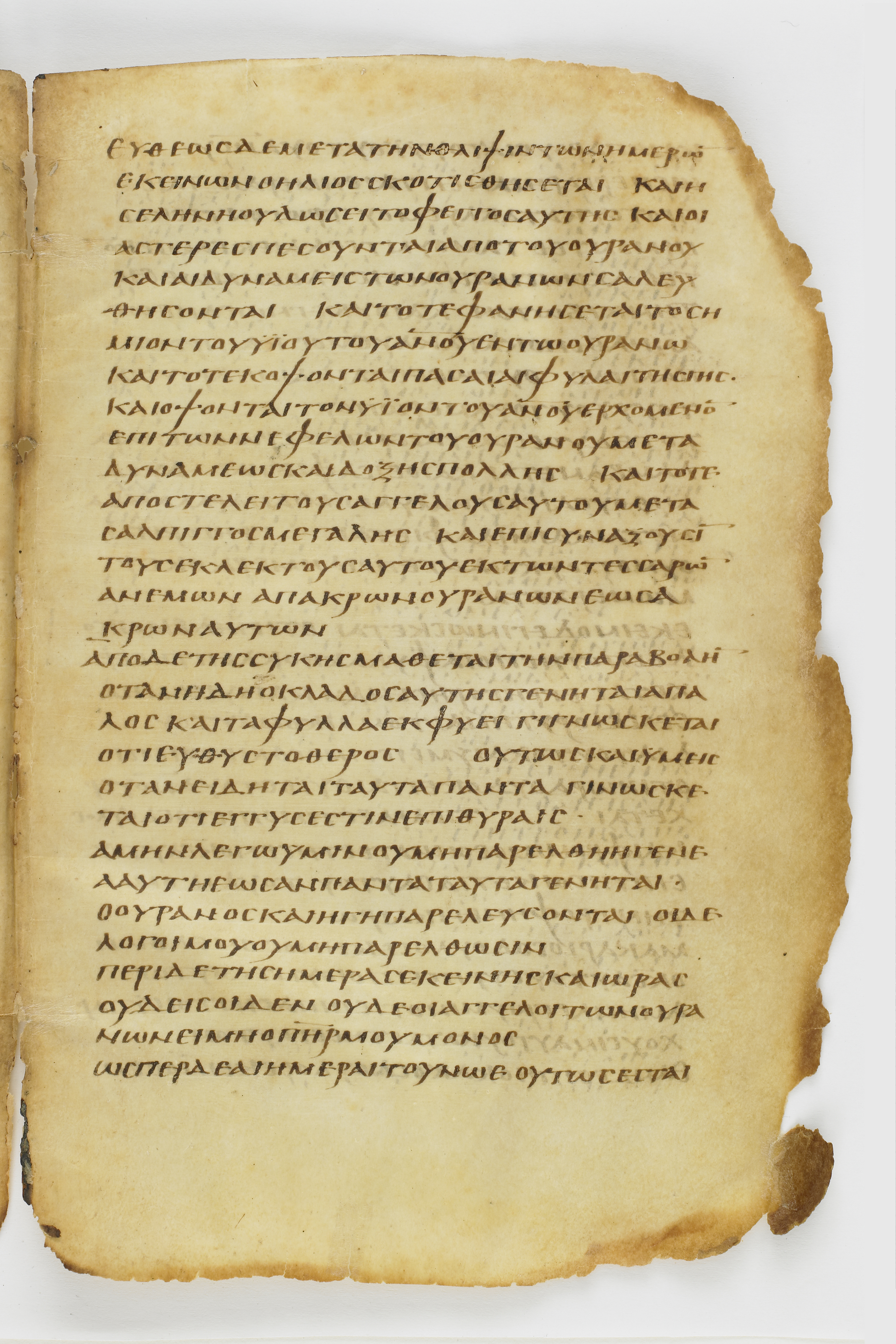 Codex Washingtonianus showing Matthew 24:32 from Late 4th to 5th Century found in Egypt (possibly near the Pyramids), currently housed at Freer Gallery of Art, Smithsonian Institution, Washington, D.C.