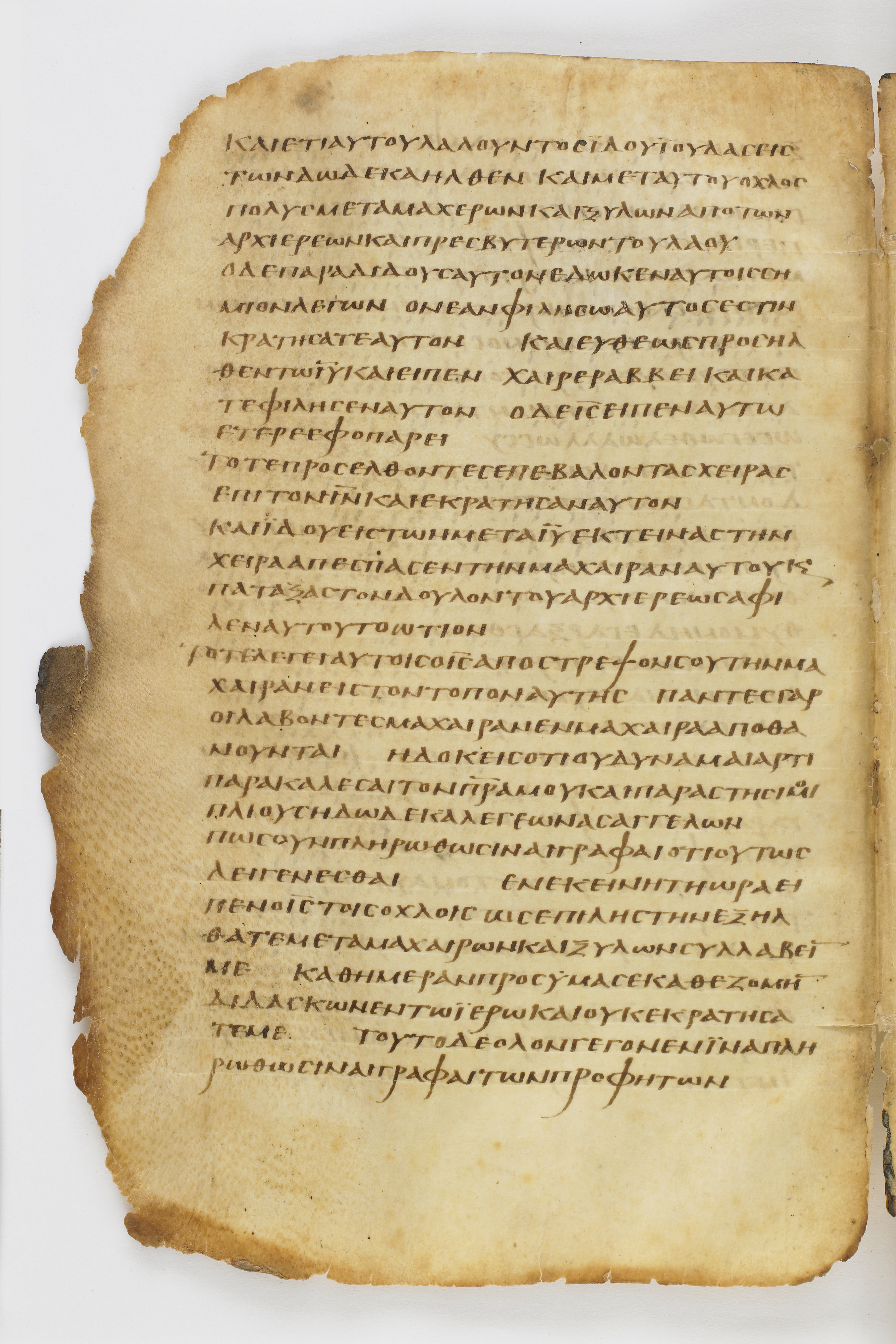 Codex Washingtonianus showing Matthew 26:49 from Late 4th to 5th Century found in Egypt (possibly near the Pyramids), currently housed at Freer Gallery of Art, Smithsonian Institution, Washington, D.C.