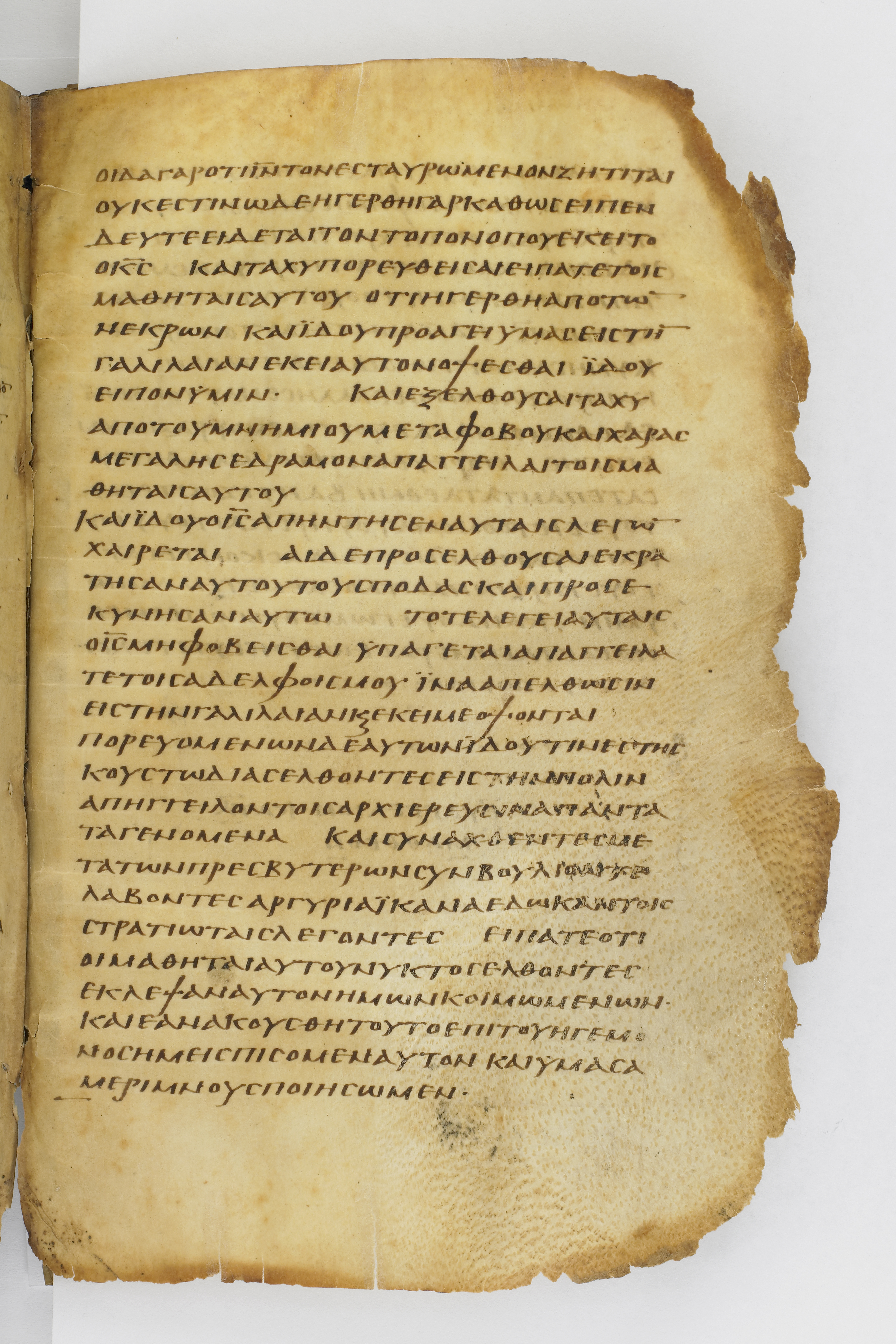 Codex Washingtonianus showing Matthew 28:13 from Late 4th to 5th Century found in Egypt (possibly near the Pyramids), currently housed at Freer Gallery of Art, Smithsonian Institution, Washington, D.C.