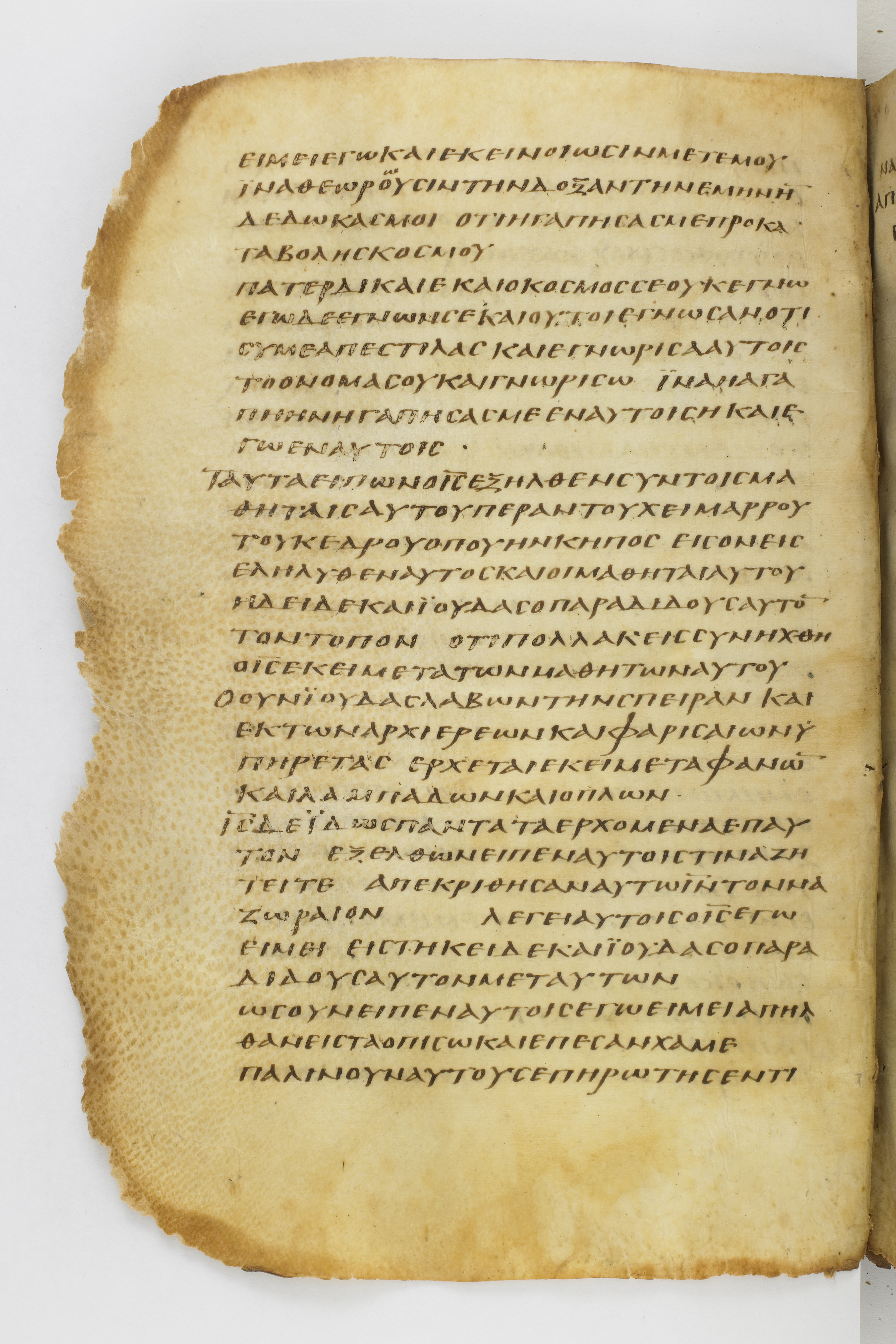 Codex Washingtonianus showing John 18:2 from Late 4th to 5th Century found in Egypt (possibly near the Pyramids), currently housed at Freer Gallery of Art, Smithsonian Institution, Washington, D.C.