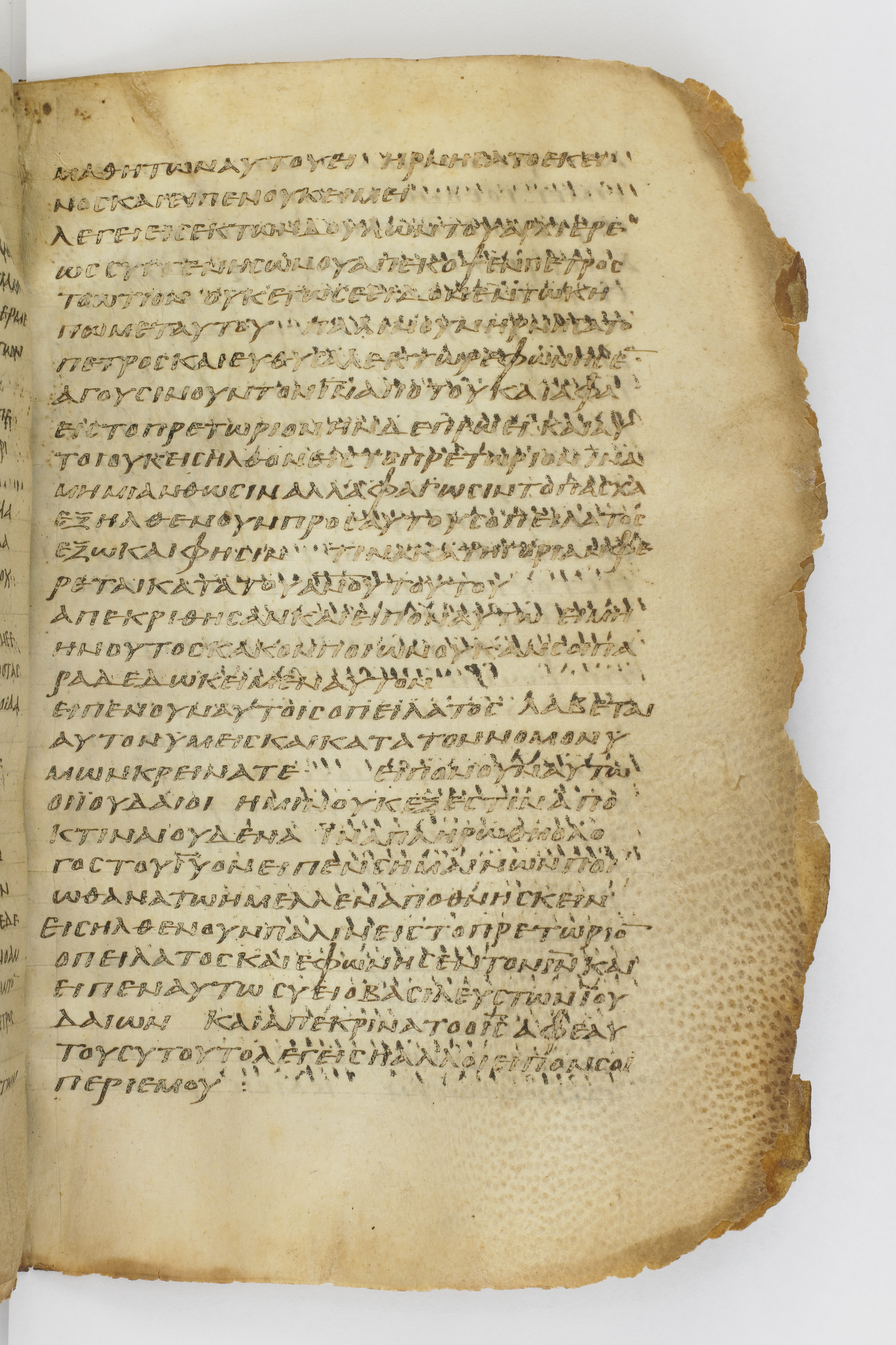 Codex Washingtonianus showing John 18:26 from Late 4th to 5th Century found in Egypt (possibly near the Pyramids), currently housed at Freer Gallery of Art, Smithsonian Institution, Washington, D.C.